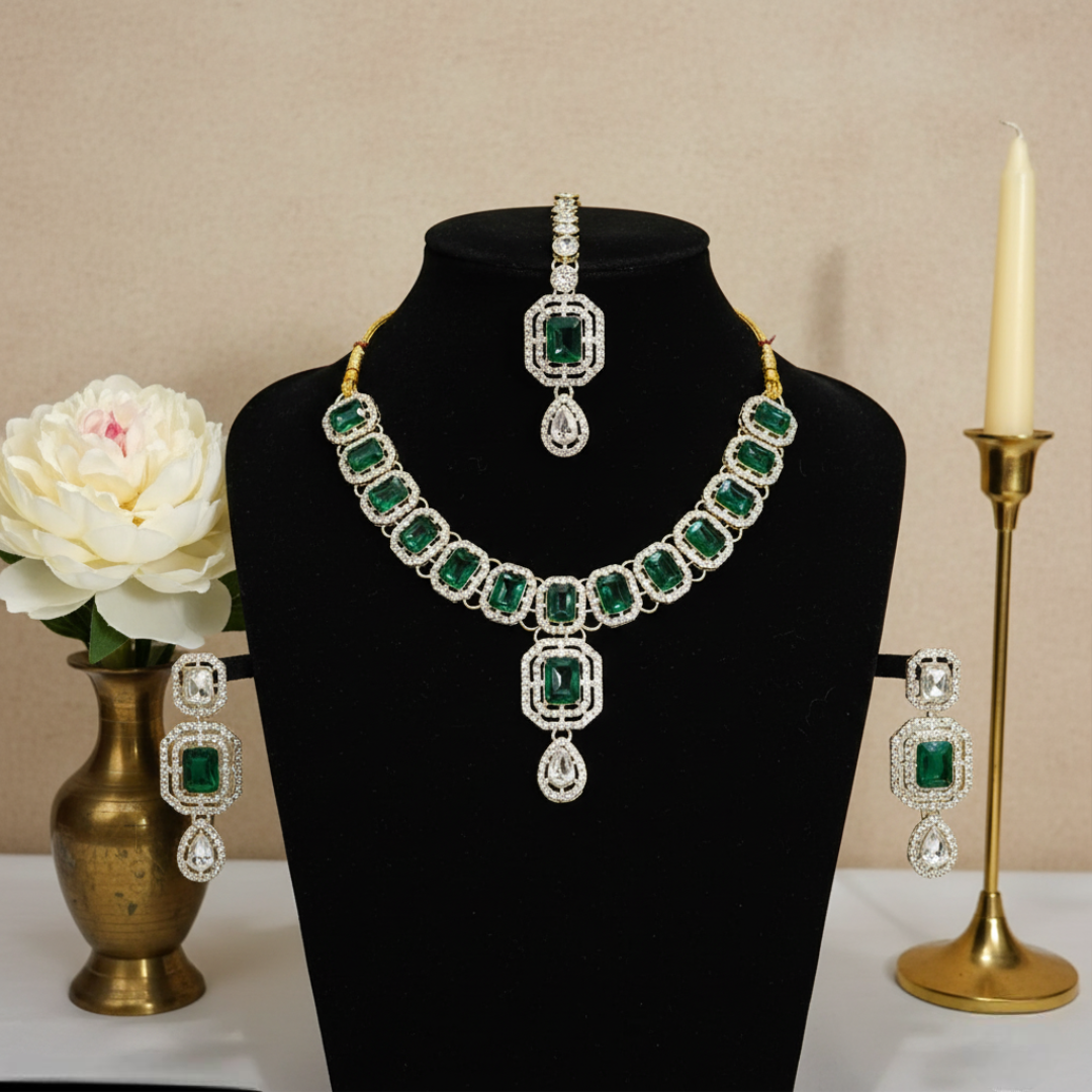 Sondarya Emerald Green Kundan Necklace Set with Maang Tikka NL11A