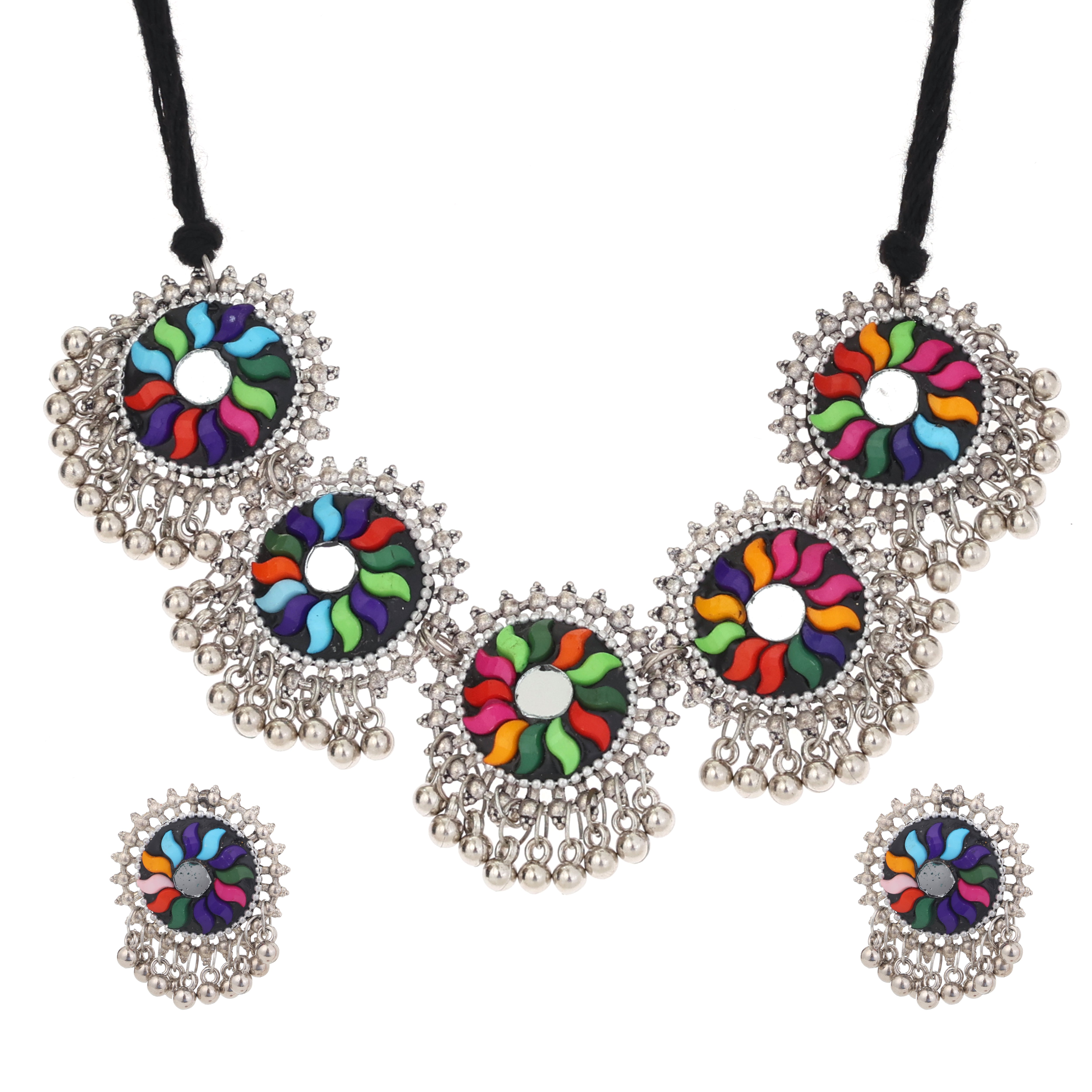 Sondarya Oxidised Colorful Pendant Necklace Set With Earrings