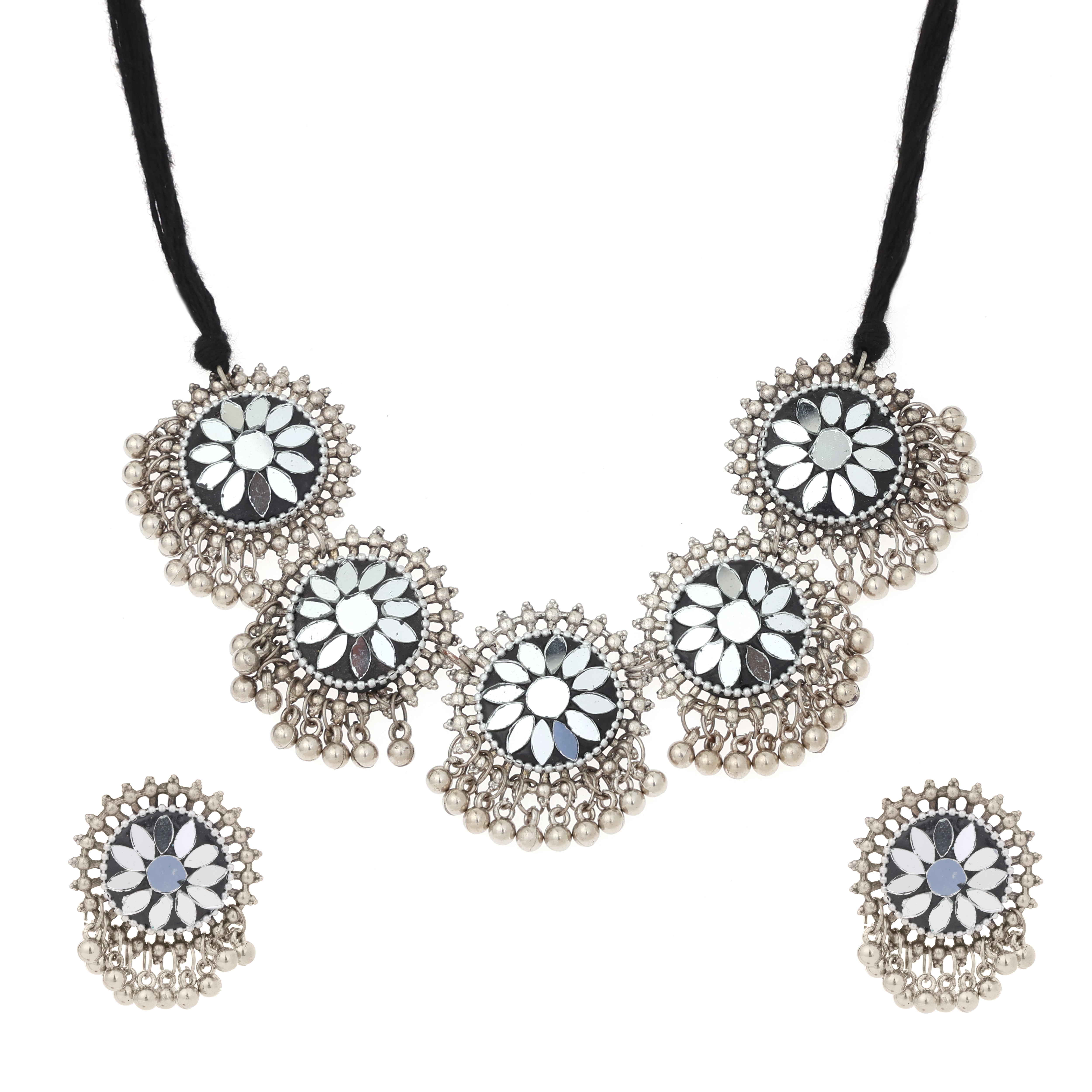 Sondarya Oxidised Mirror Work Choker Set With Earrings