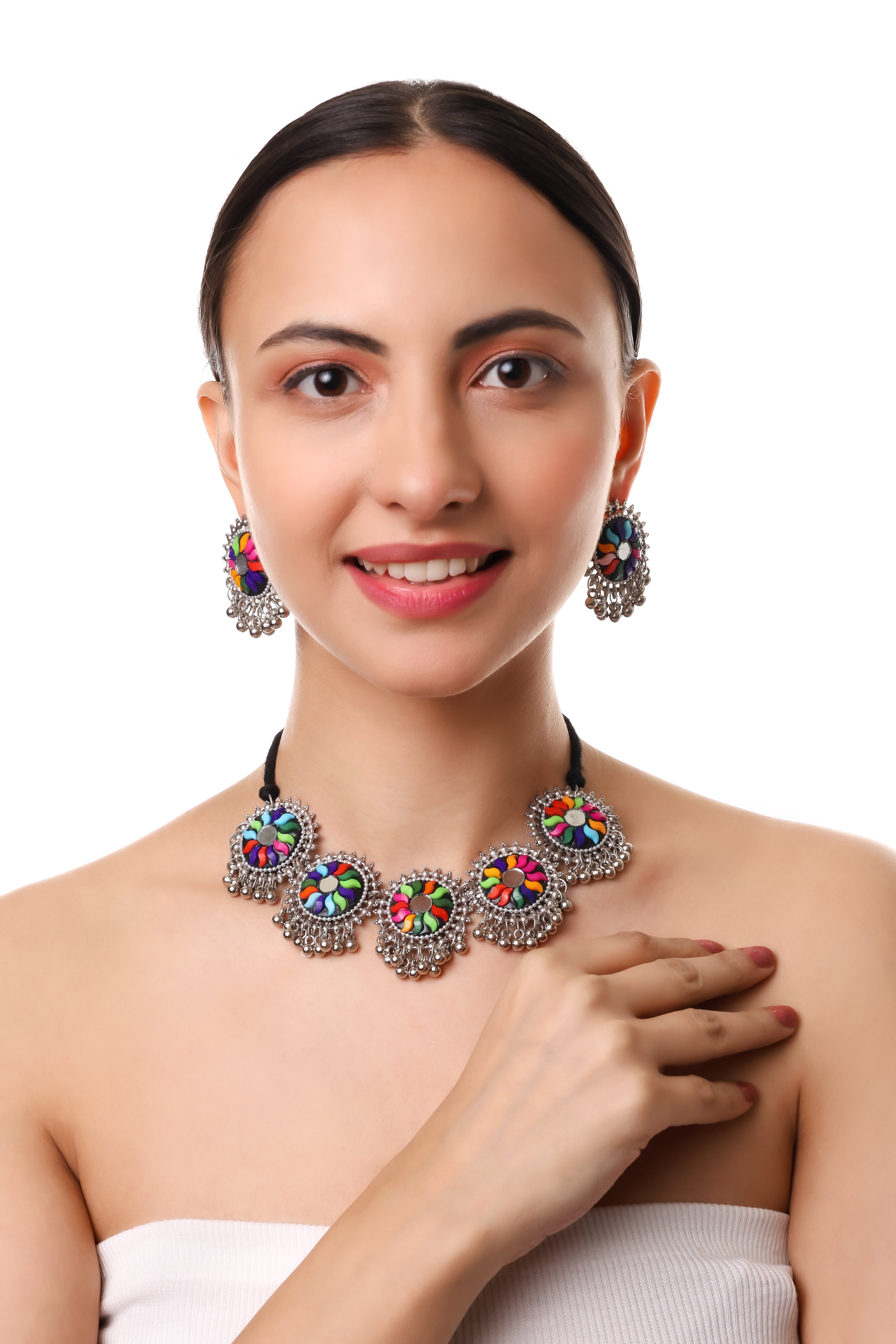 Sondarya Oxidised Colorful Pendant Necklace Set With Earrings