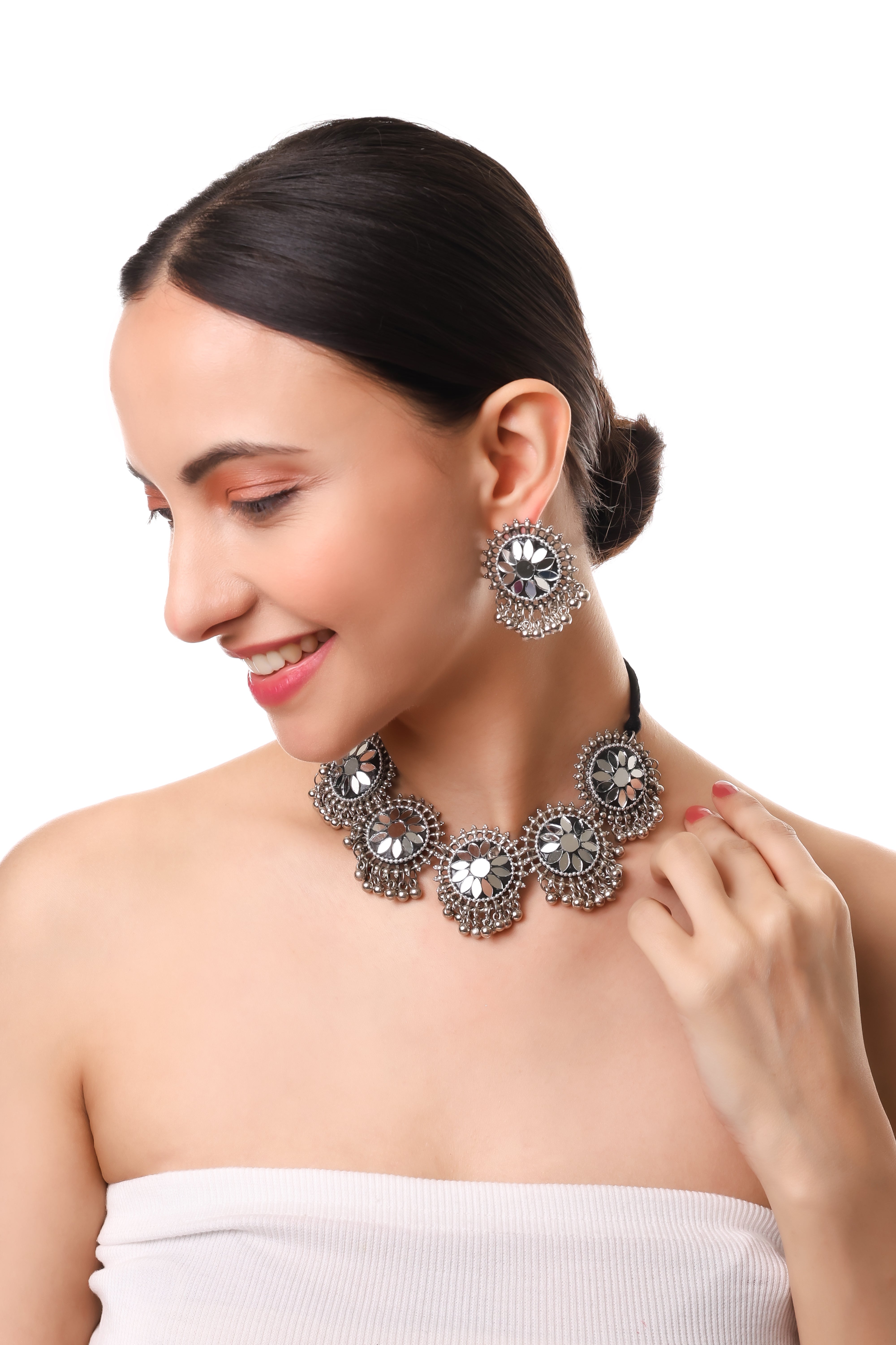 Sondarya Oxidised Mirror Work Choker Set With Earrings