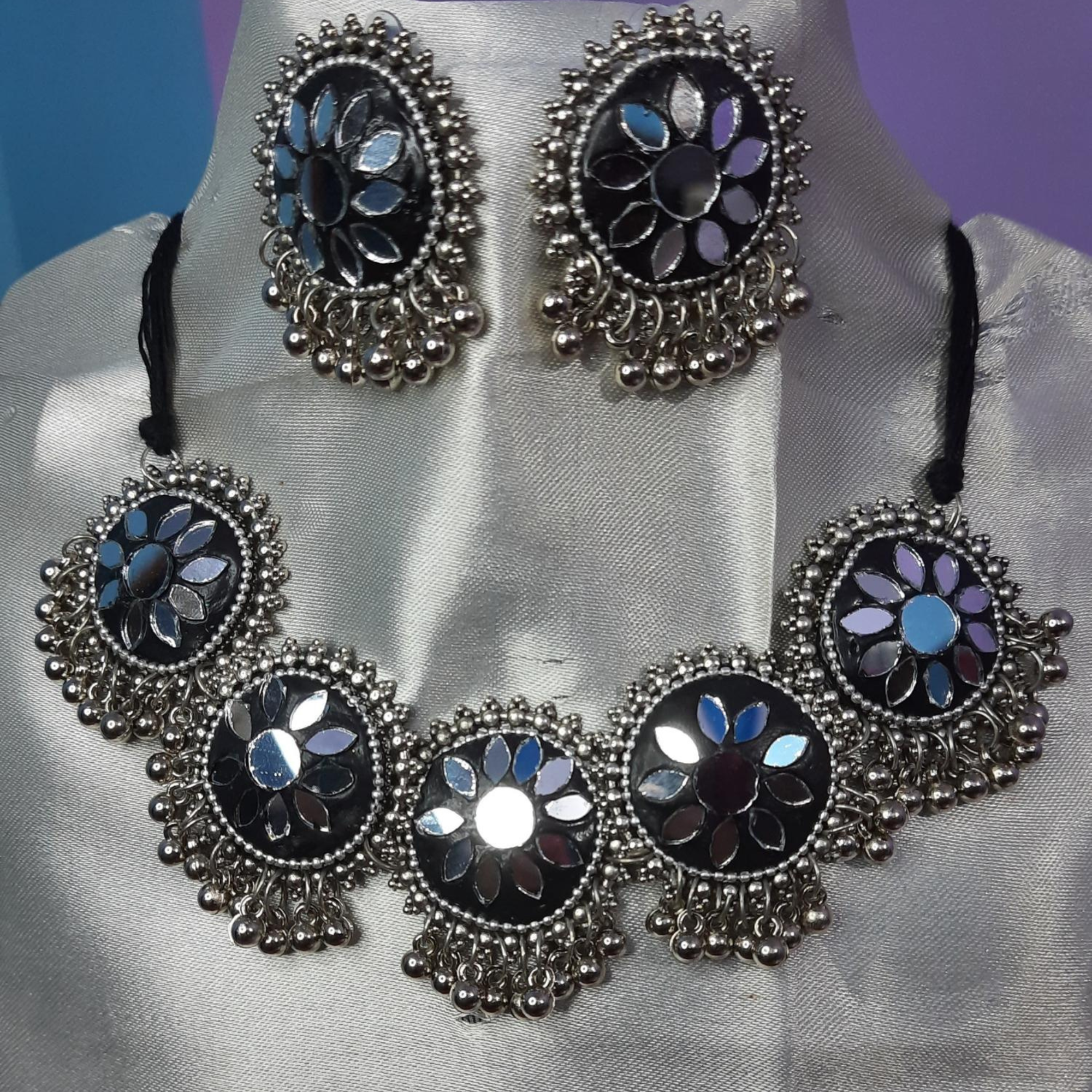 Sondarya Oxidised Mirror Work Choker Set With Earrings