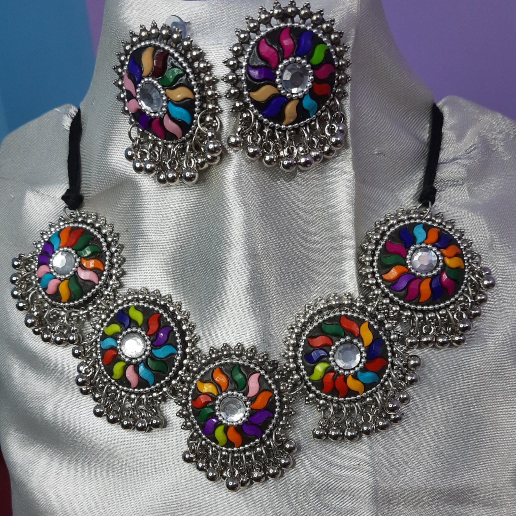 Sondarya Oxidised Colorful Pendant Necklace Set With Earrings