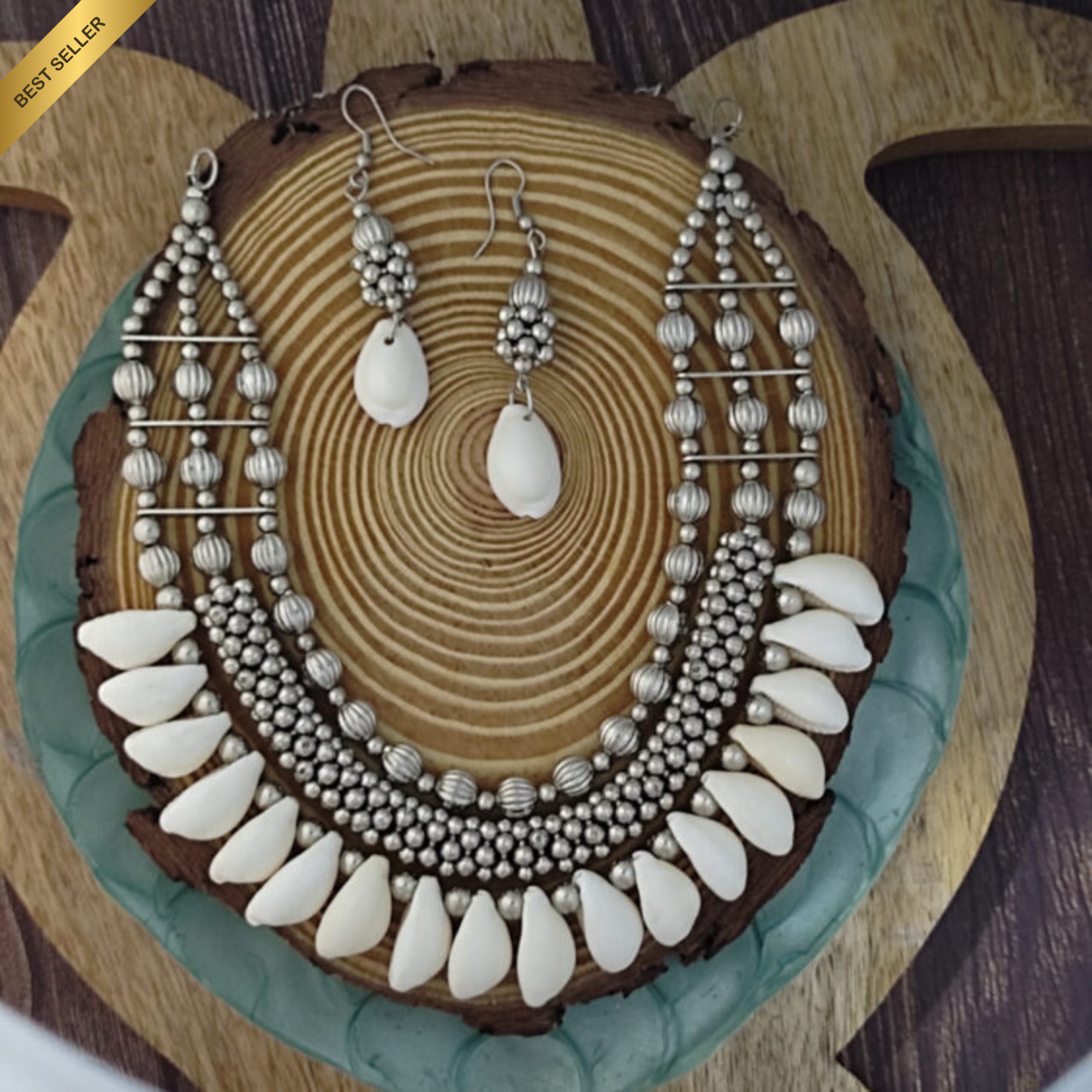 Sondarya Oxidised Seashell Necklace Set With Earrings