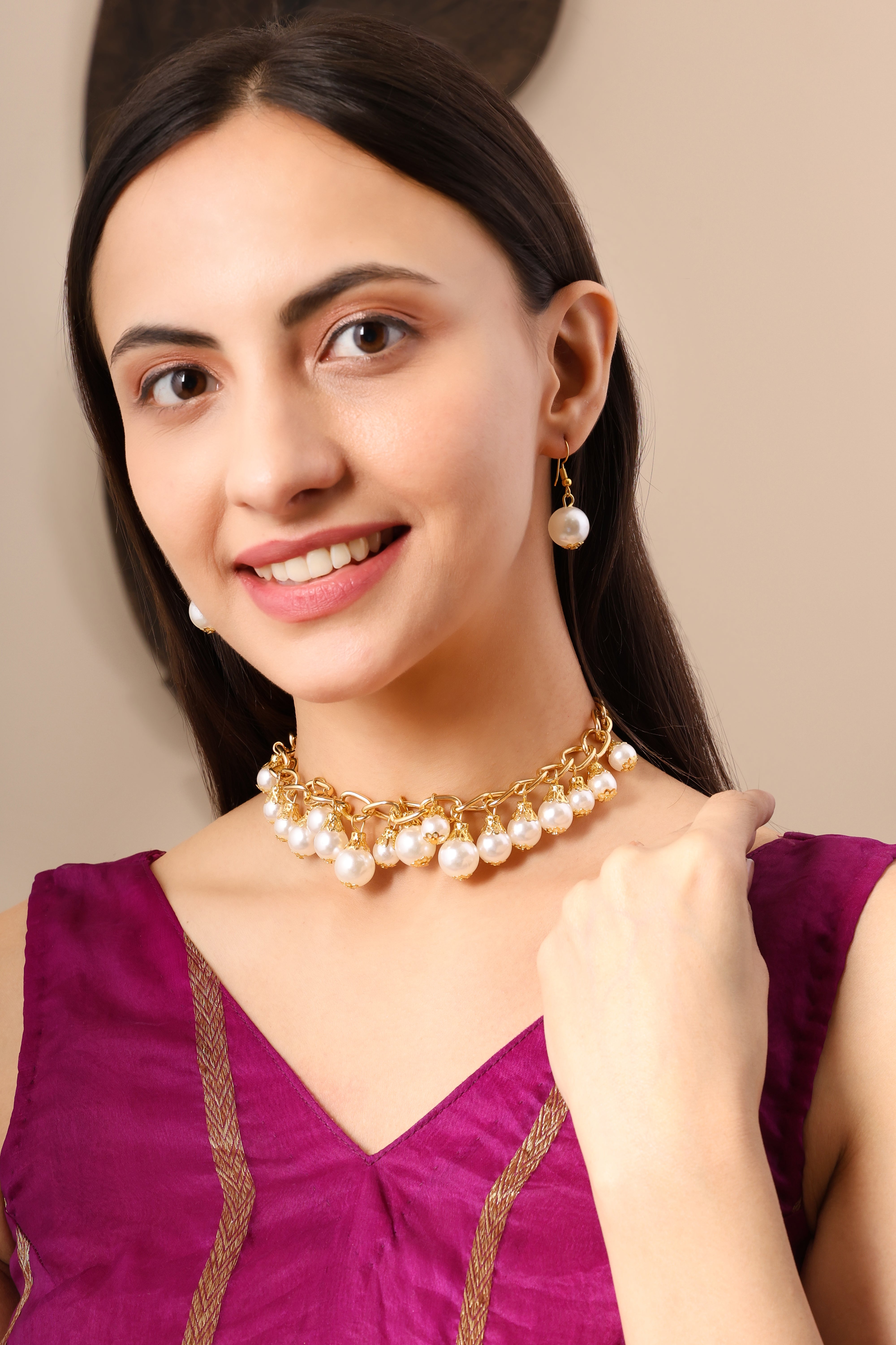 Pearl Drop Choker with Gold-Toned Chain and Earrings
