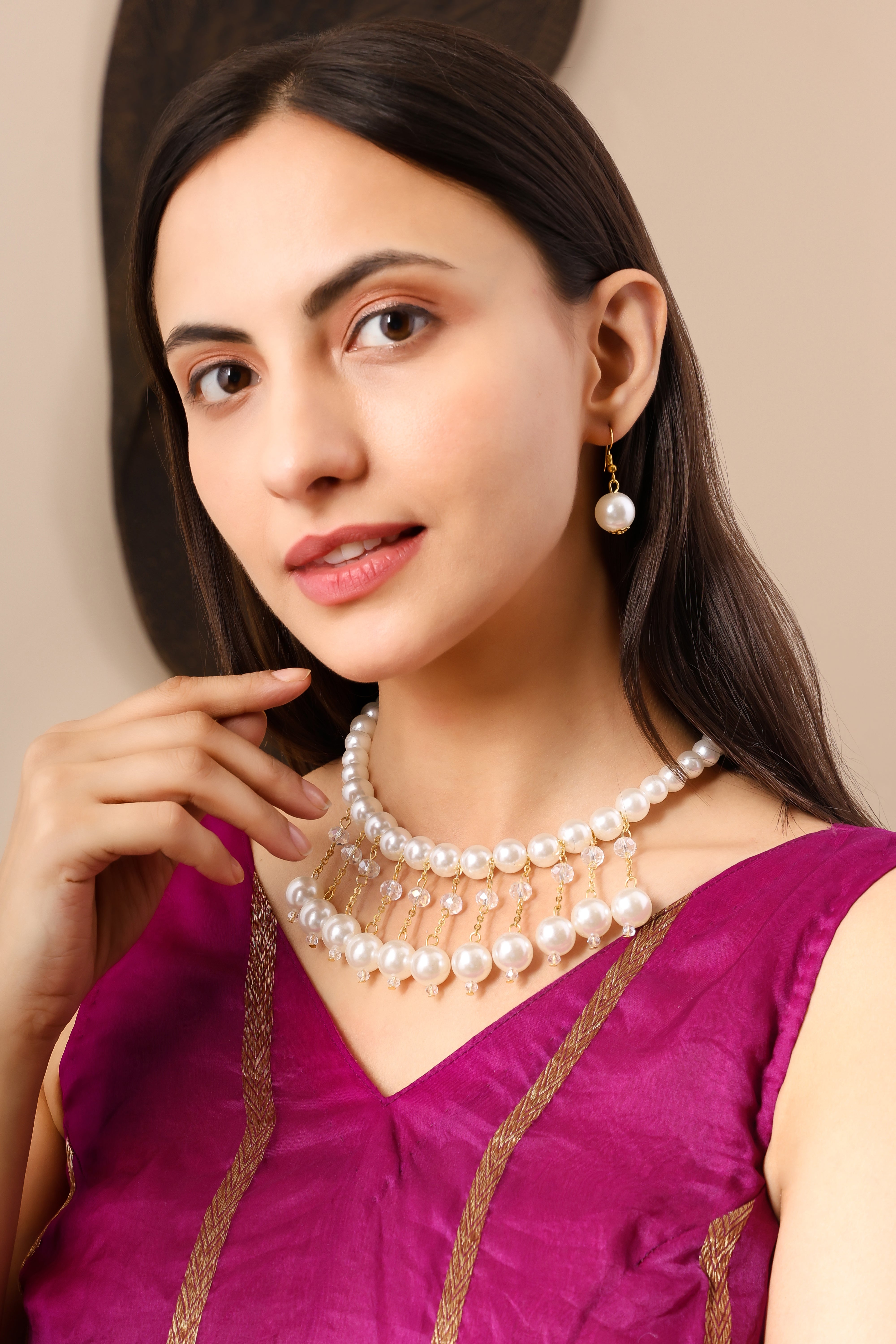Tiered Pearl and Crystal Drop Necklace Set With Earrings