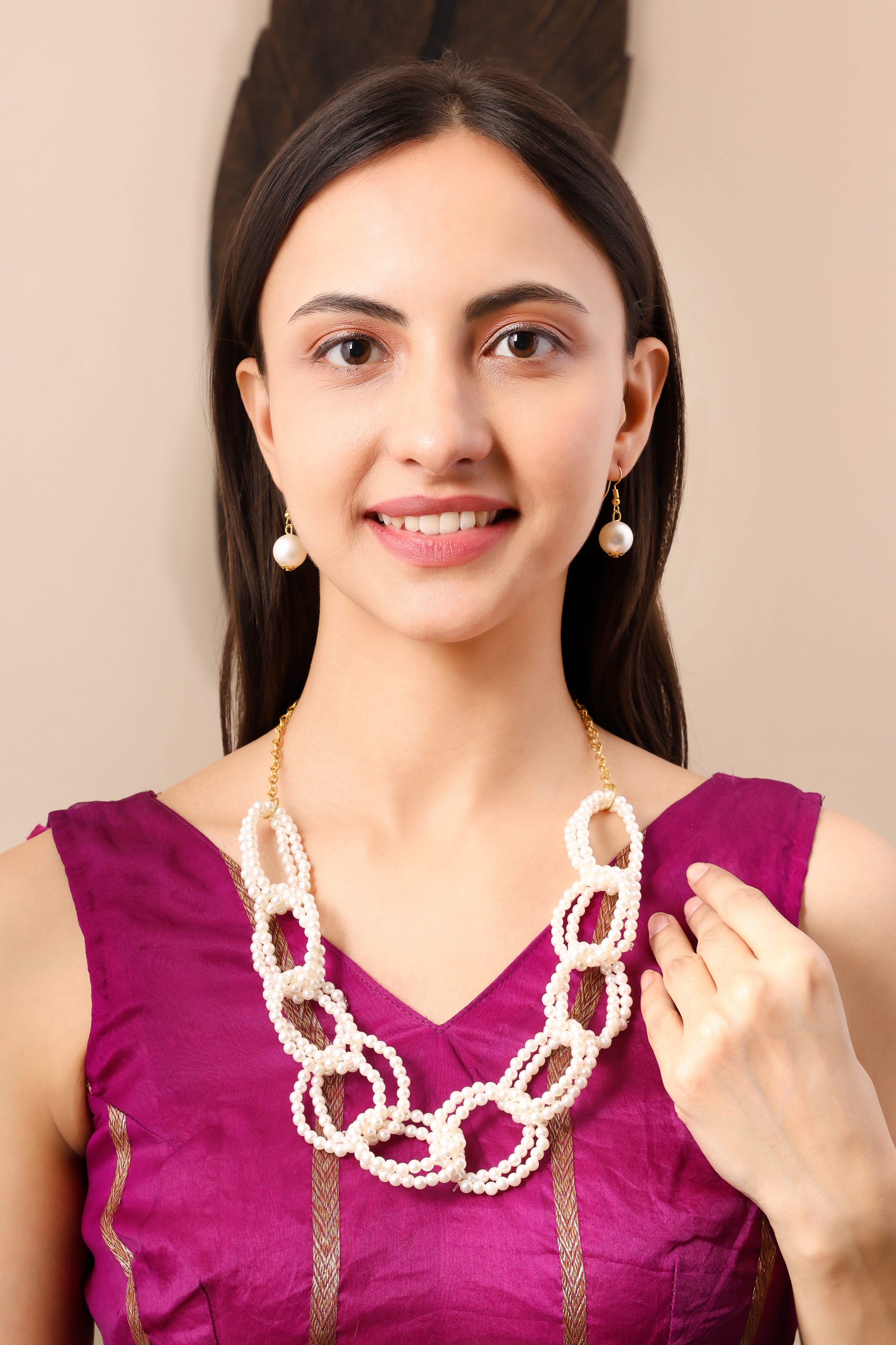 Multi-Ring Pearl Choker Set With Drop Earrings