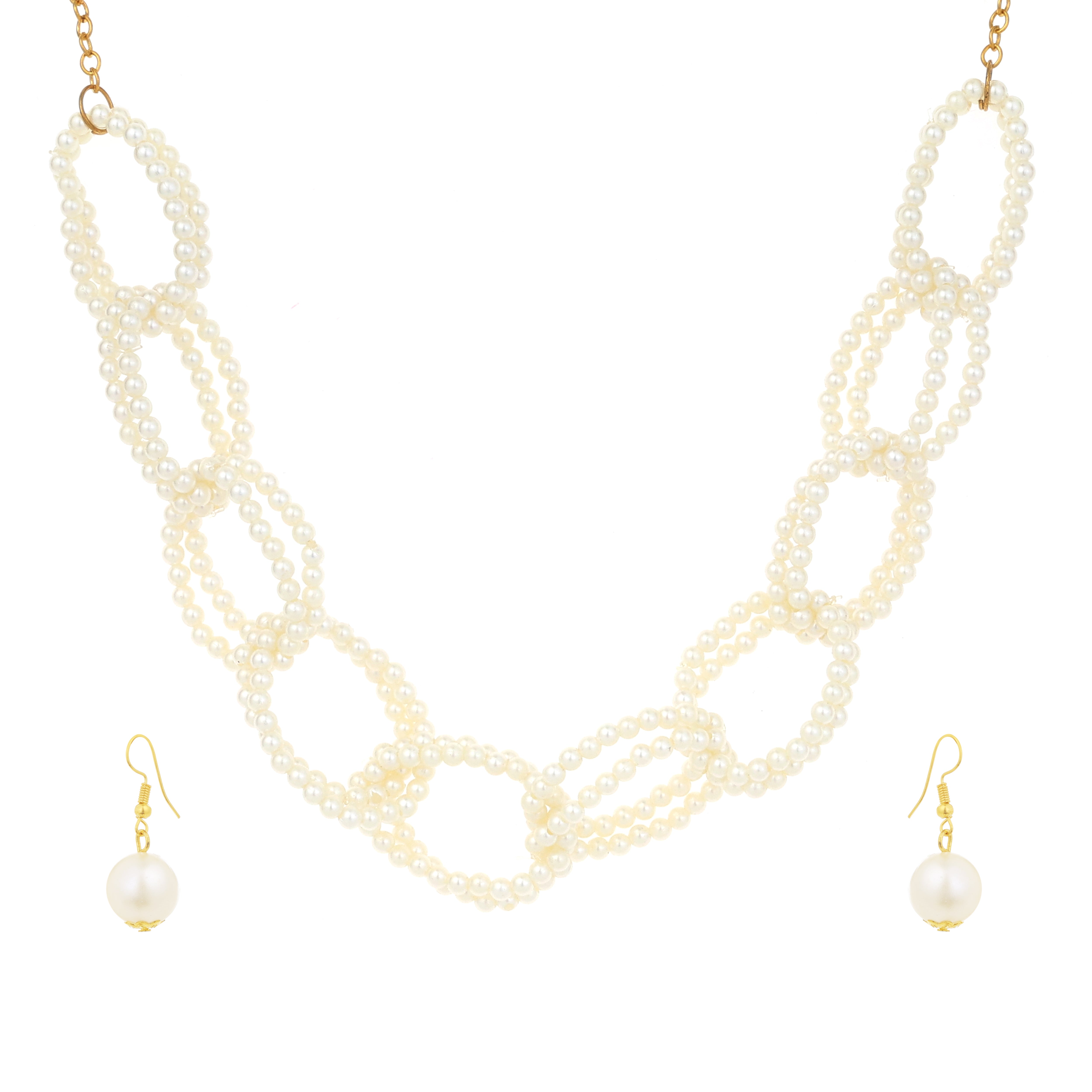Multi-Ring Pearl Choker Set With Drop Earrings