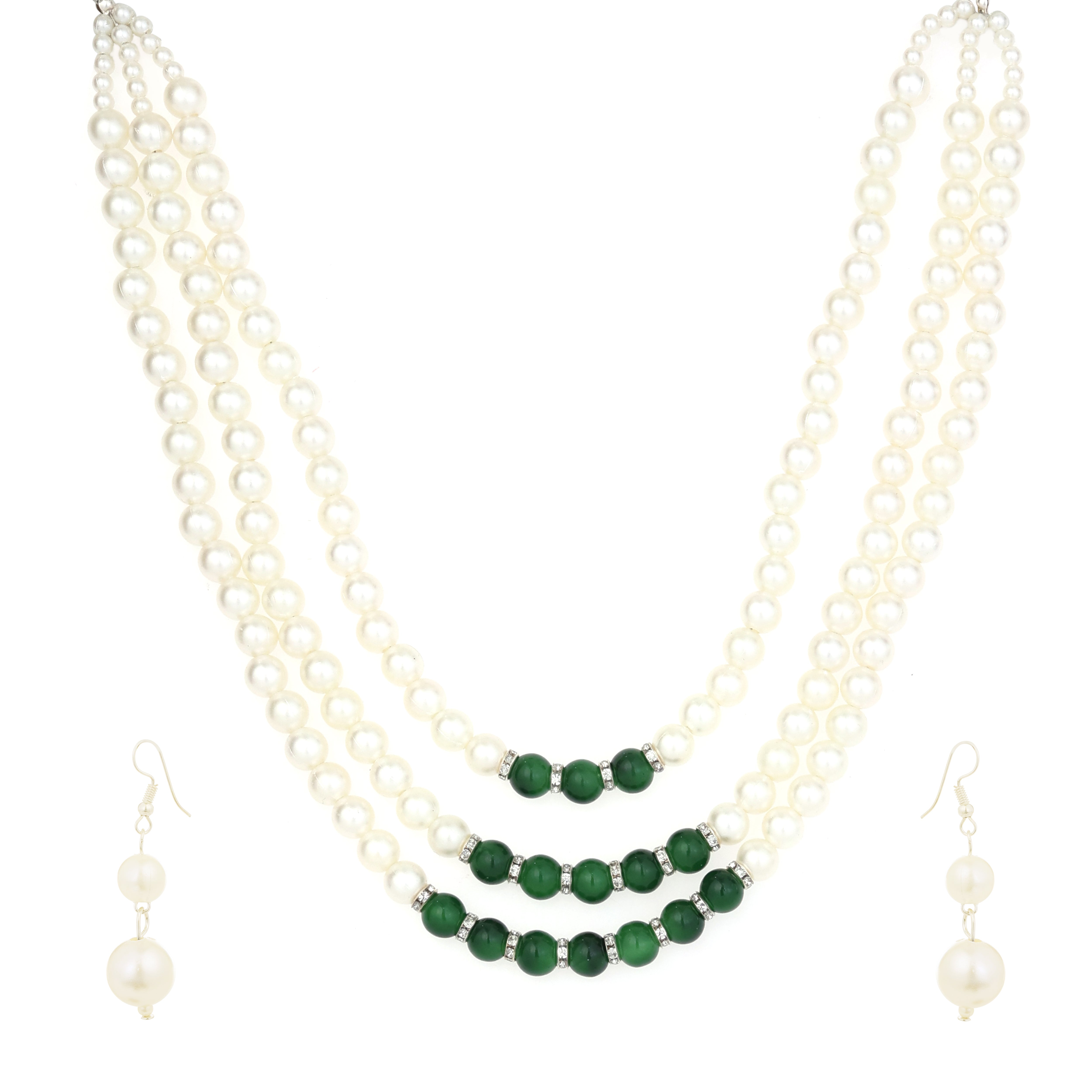Triple-Strand Pearl and Emerald Bead Necklace Set With Earrings