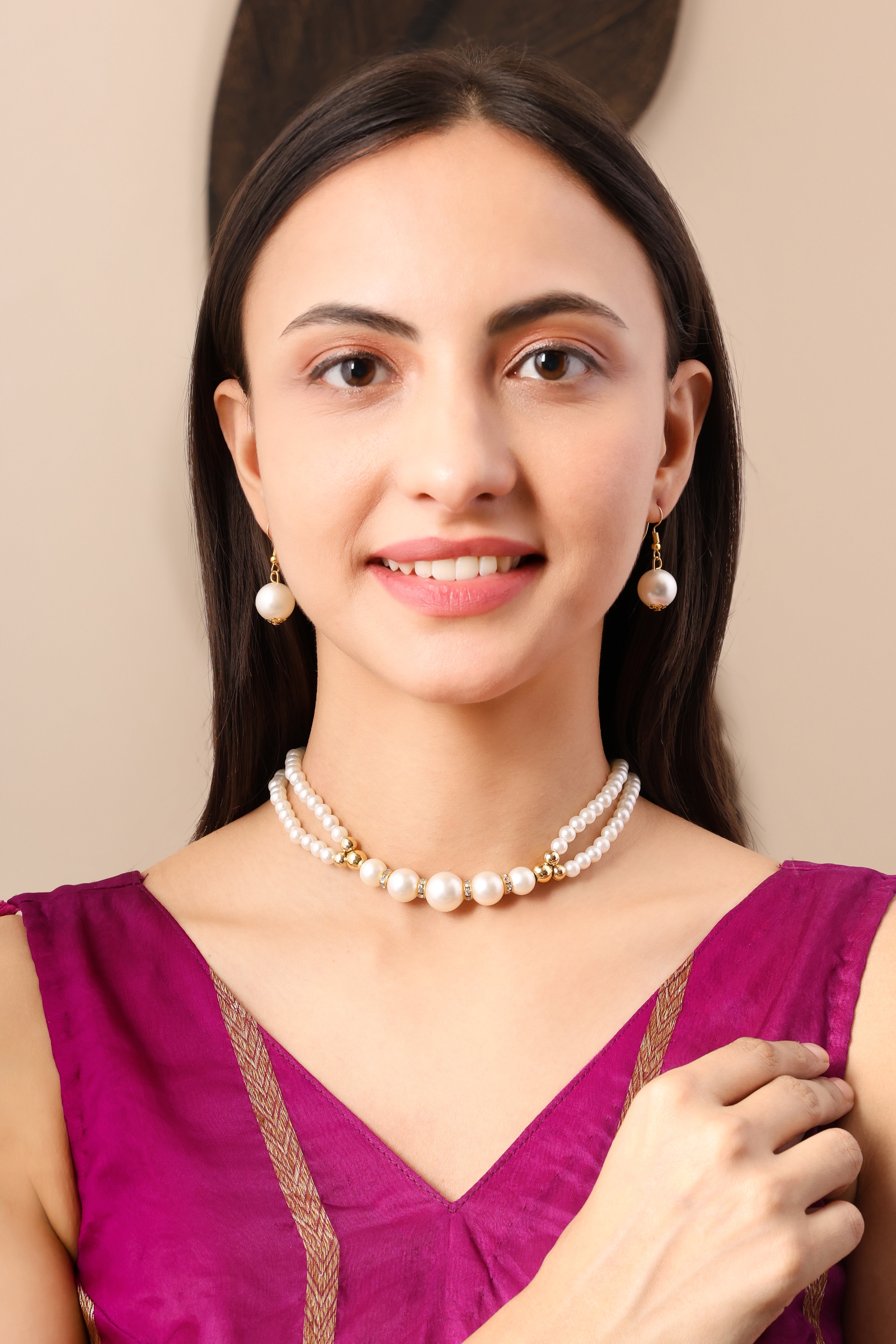 Layered Pearl Choker with Gold-Toned Spacers and Earrings