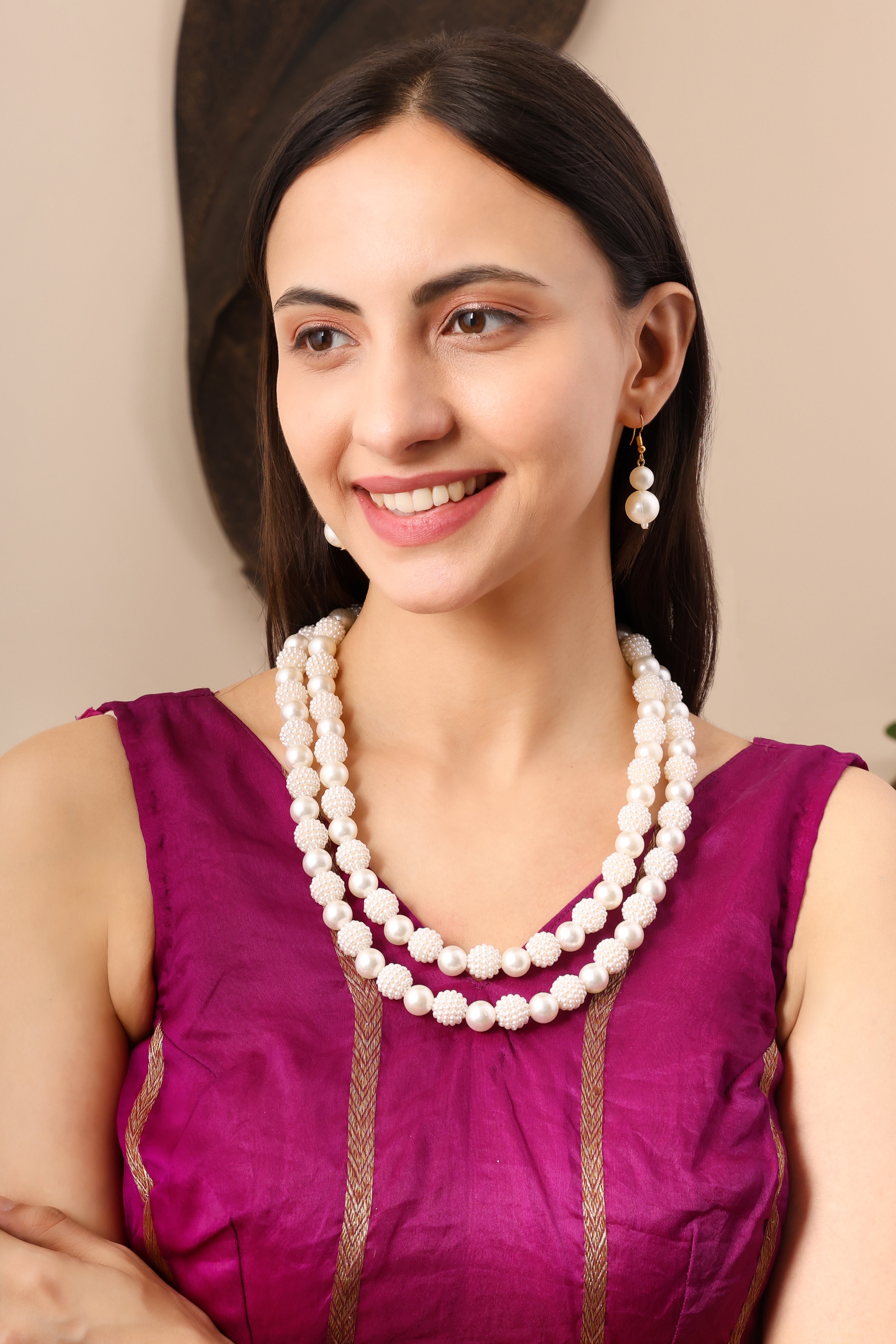 Double Strand Textured Pearl Necklace Set With Earrings