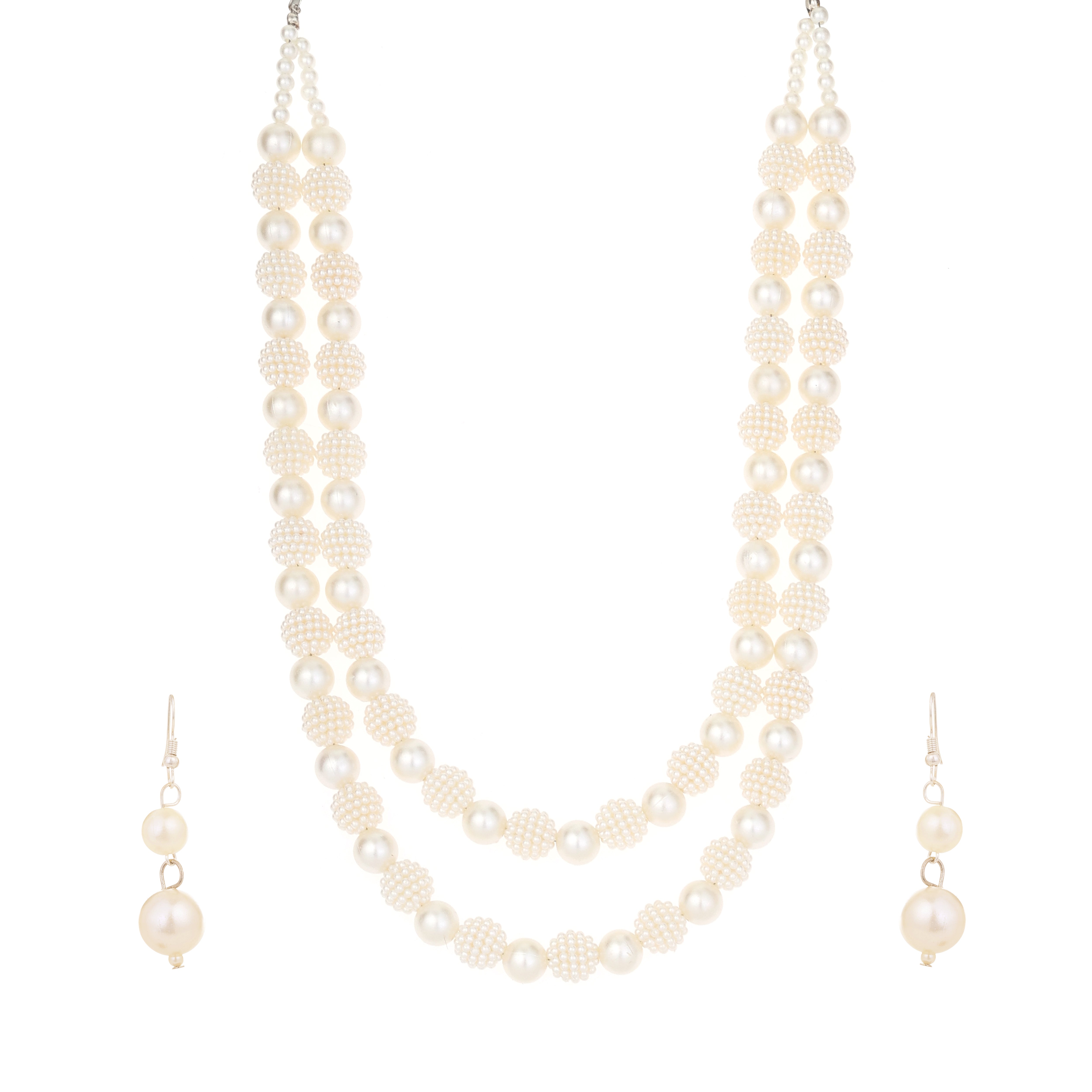 Double Strand Textured Pearl Necklace Set With Earrings