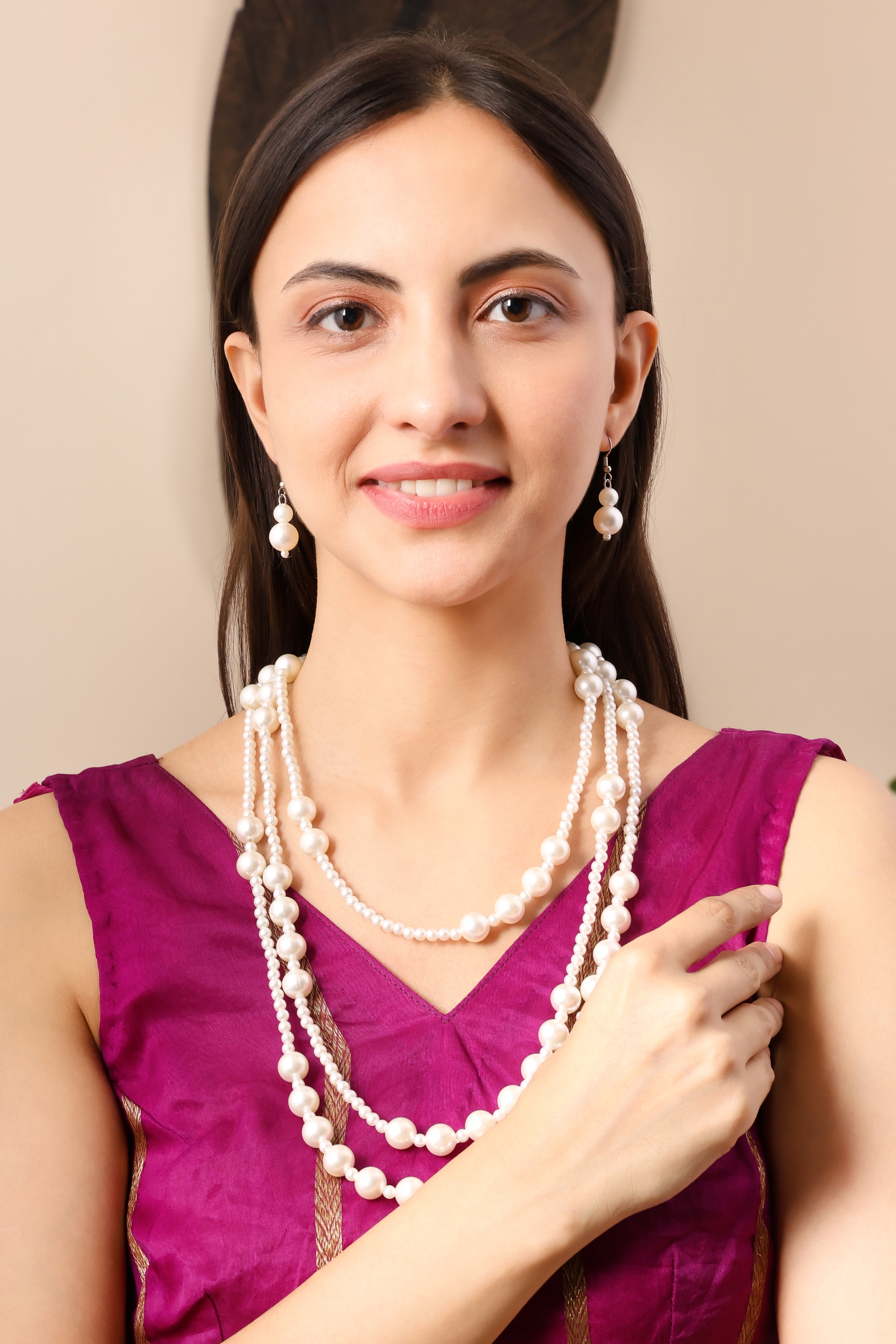 Long Triple-Layer Pearl Necklace Set With Earrings