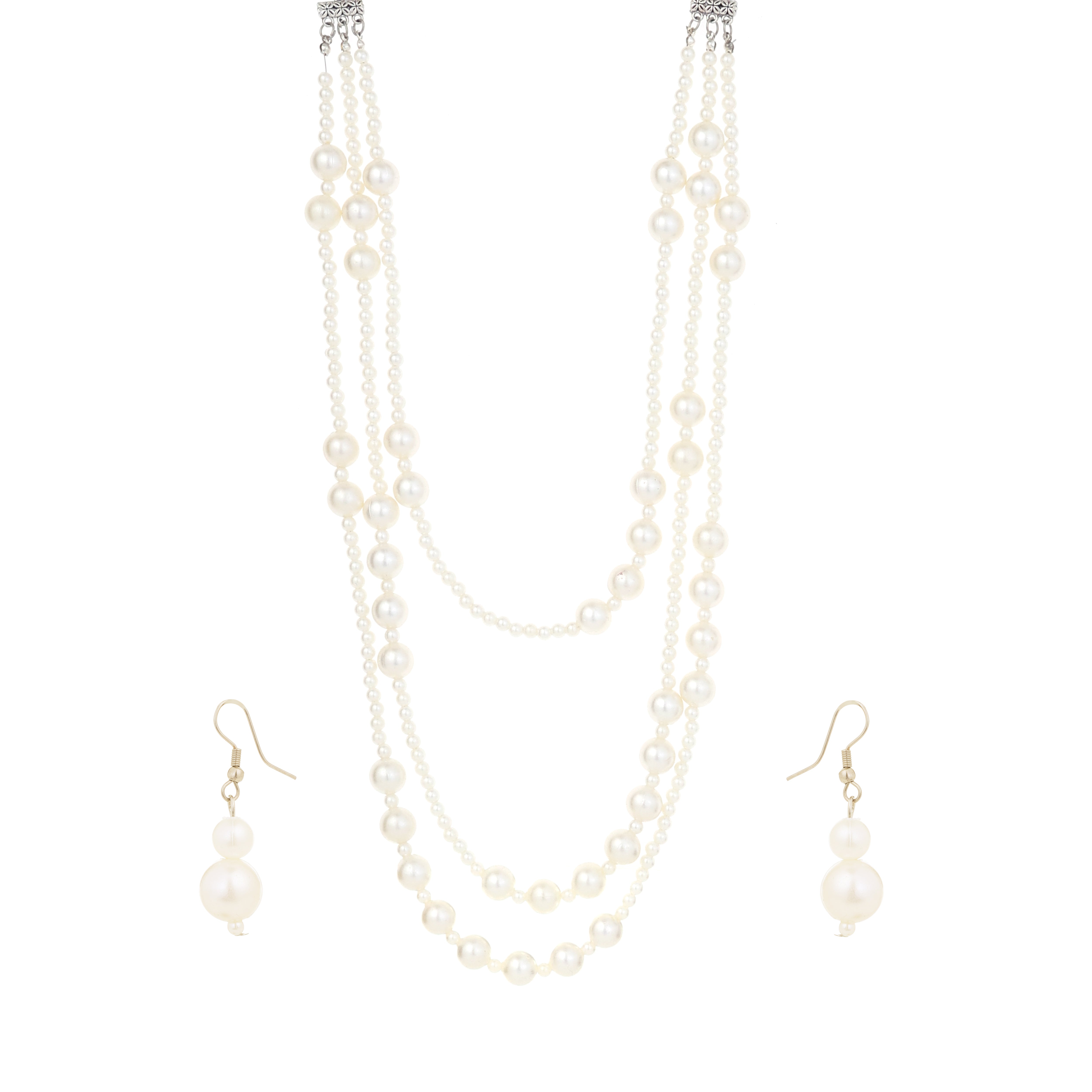 Long Triple-Layer Pearl Necklace Set With Earrings