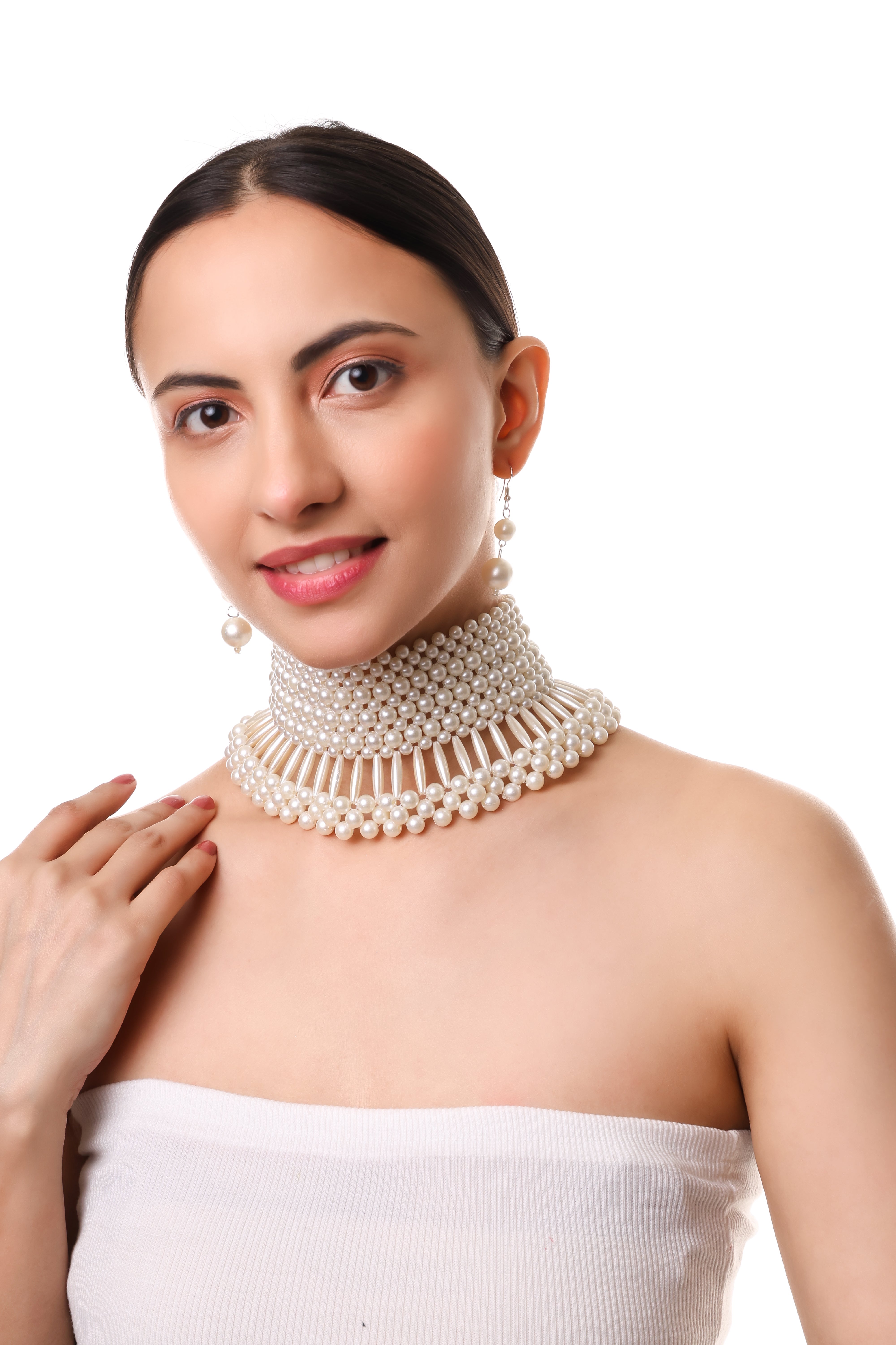 Broad Pearl Choker with Silver-Toned Accents and Earrings