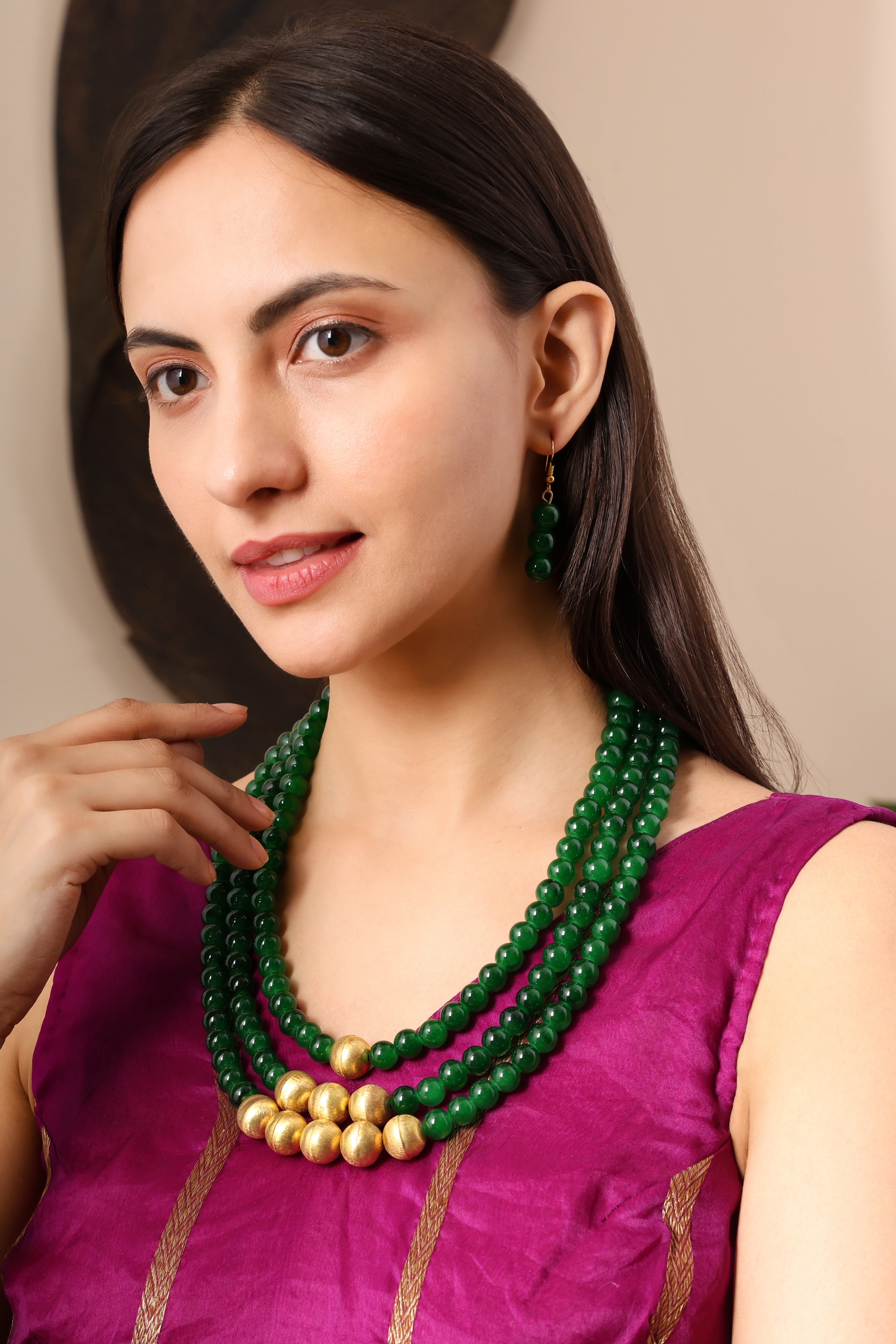 Emerald & Gold Three-Layer Beaded Necklace Set With Earrings
