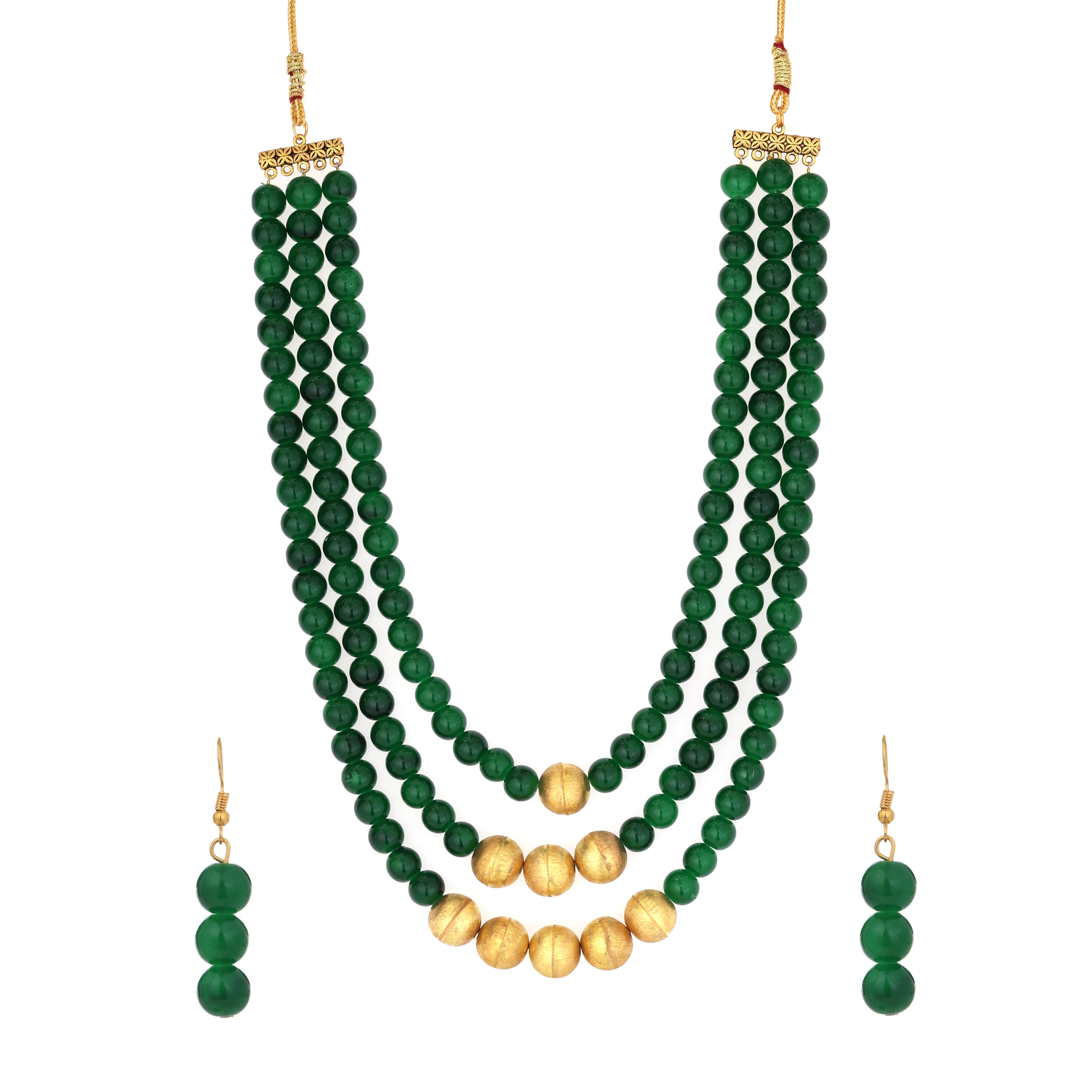 Emerald & Gold Three-Layer Beaded Necklace Set With Earrings