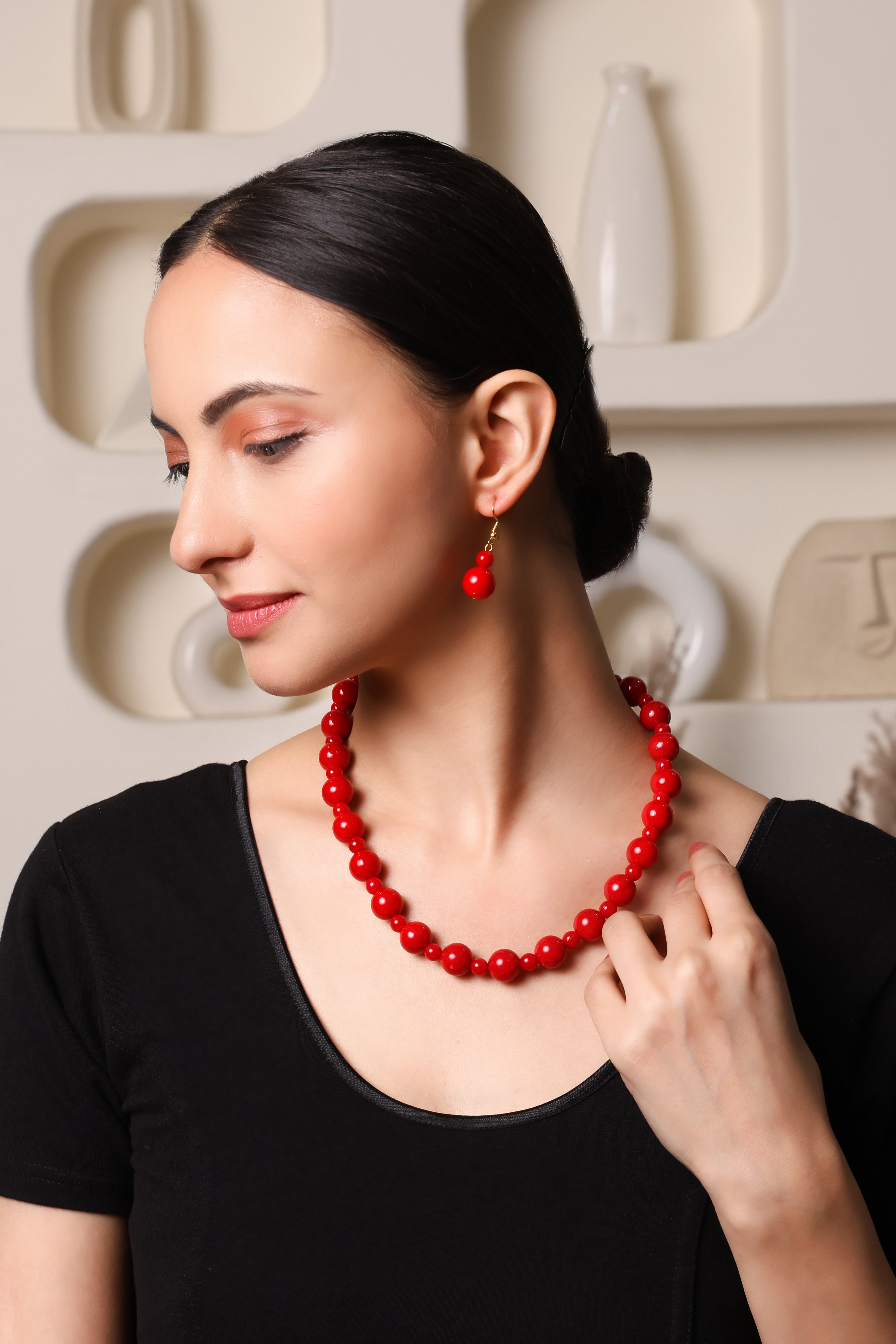 Ruby Red Beaded Necklace Set With Earrings