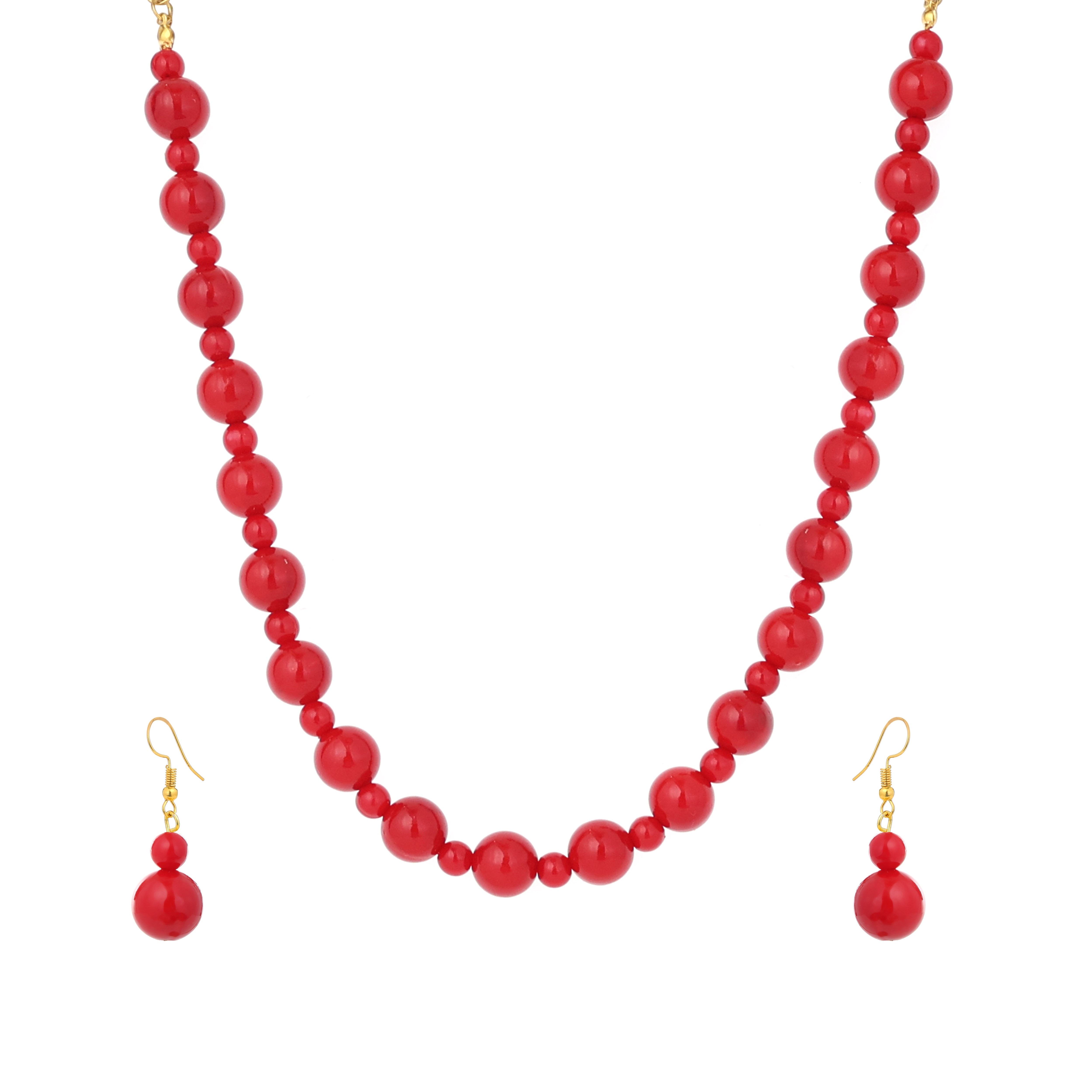 Ruby Red Beaded Necklace Set With Earrings