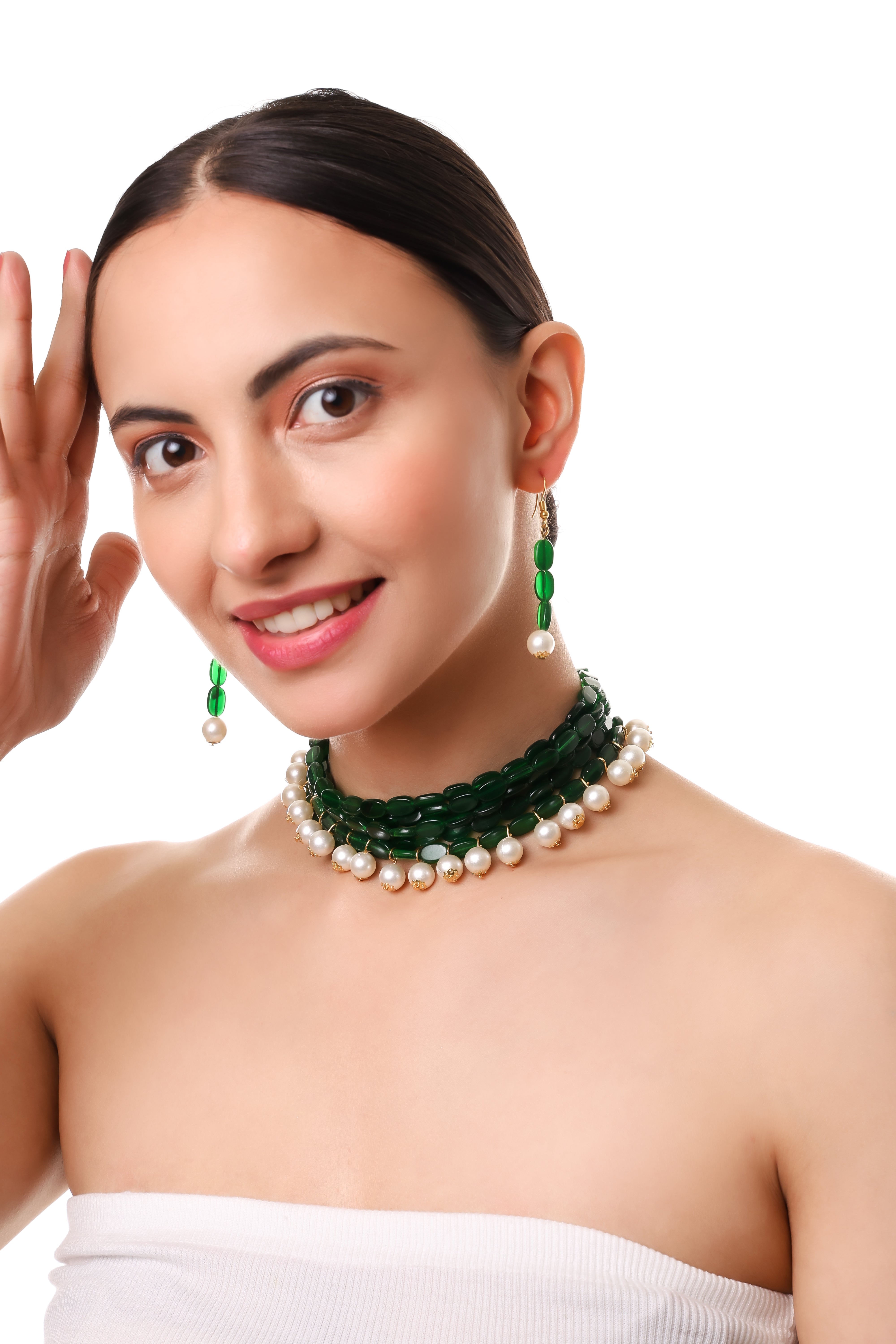 Emerald & Pearl Cascade Necklace Set With Earrings