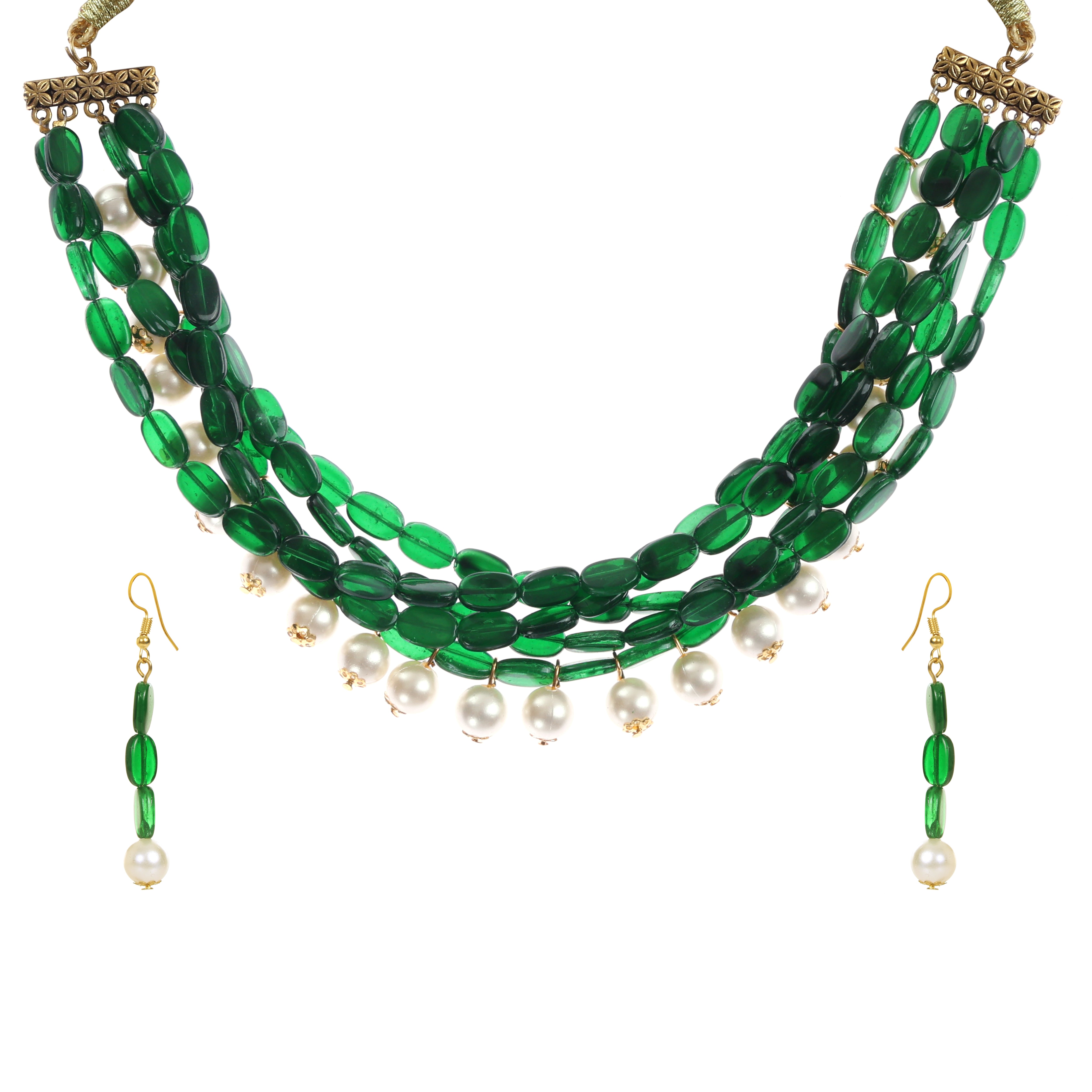 Emerald & Pearl Cascade Necklace Set With Earrings