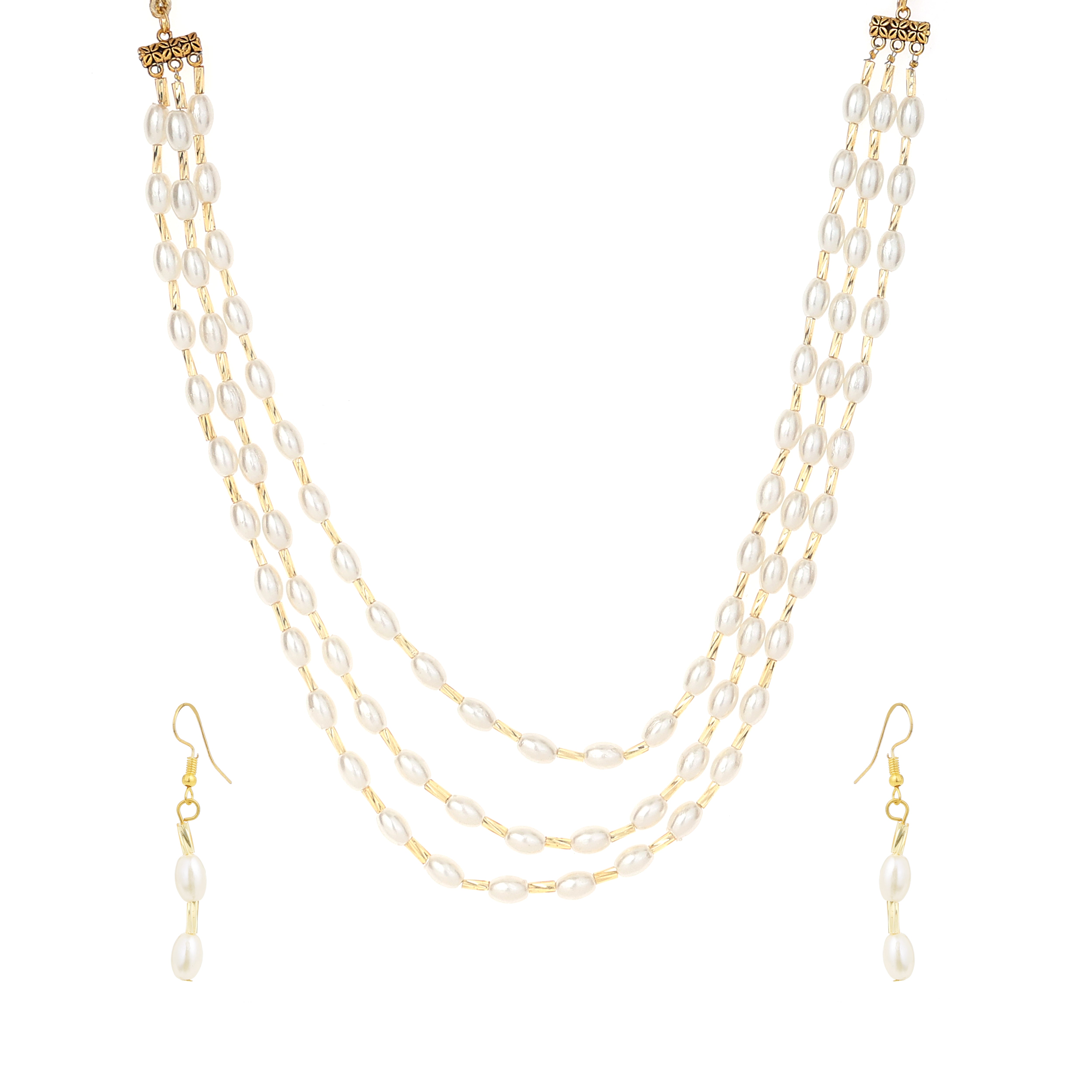Elegant Three-Layer Pearl Necklace Set With Earrings
