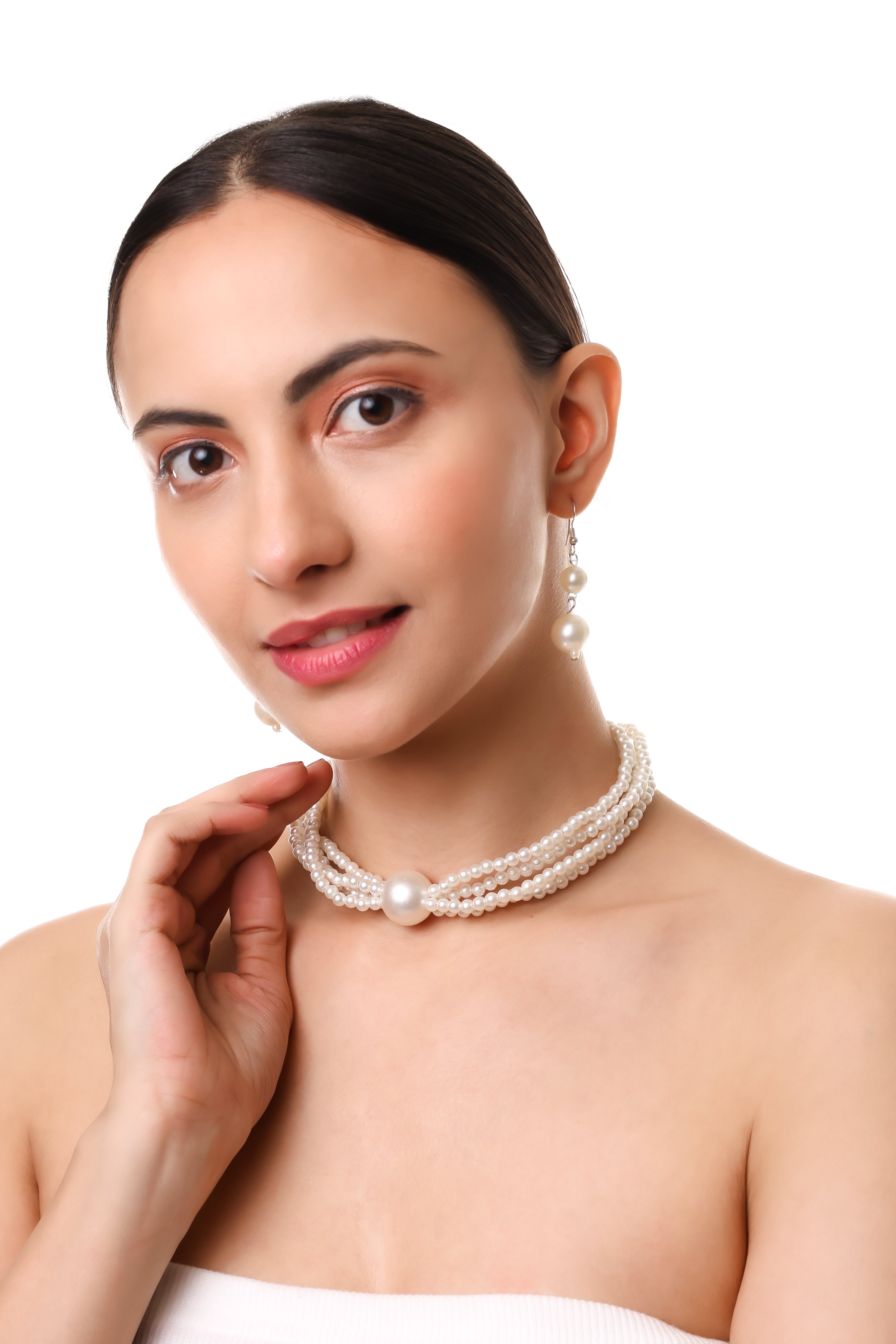 Multi-Strand Pearl Choker with Drop Earrings