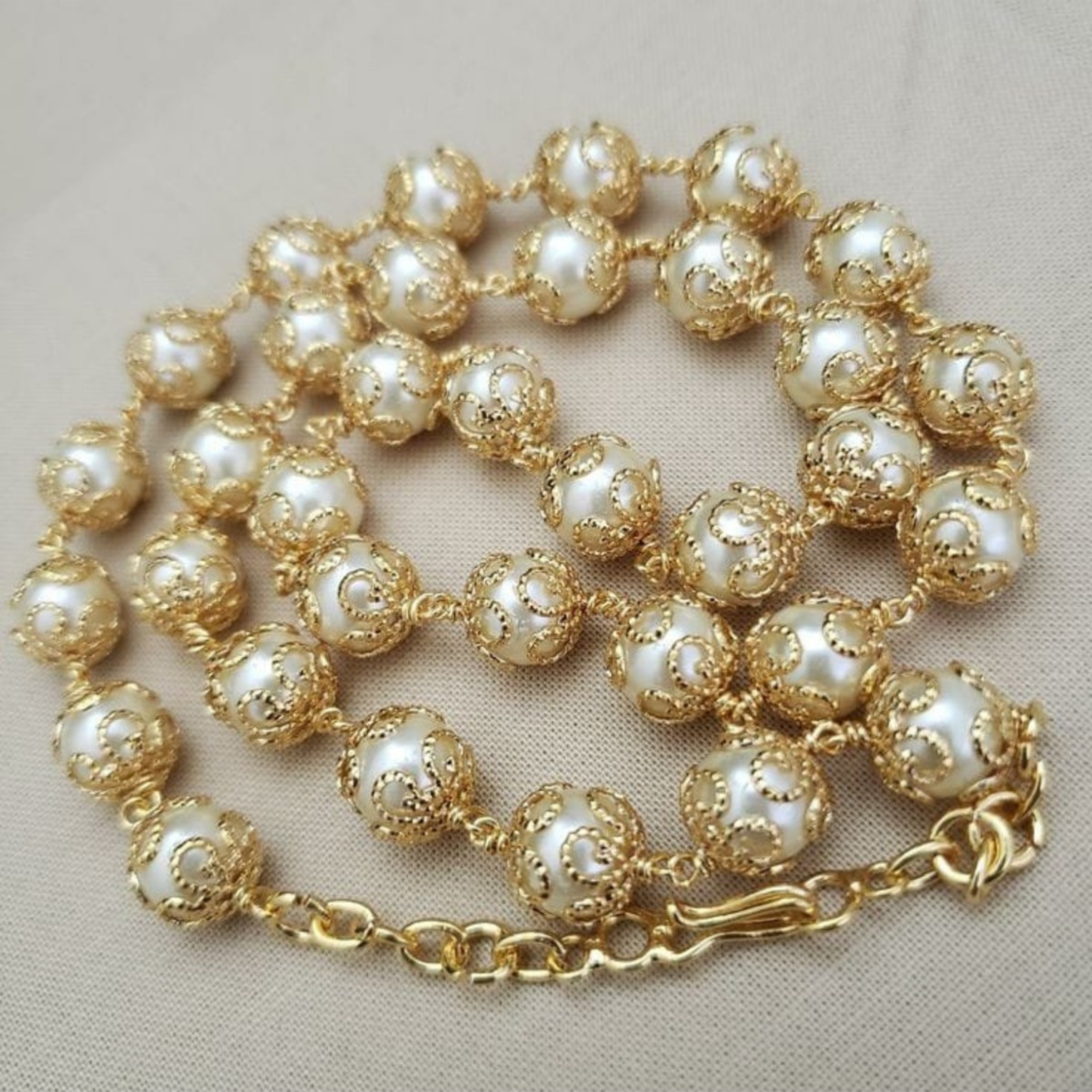 Golden Beaded & Pearl Long Necklace Set With Earrings