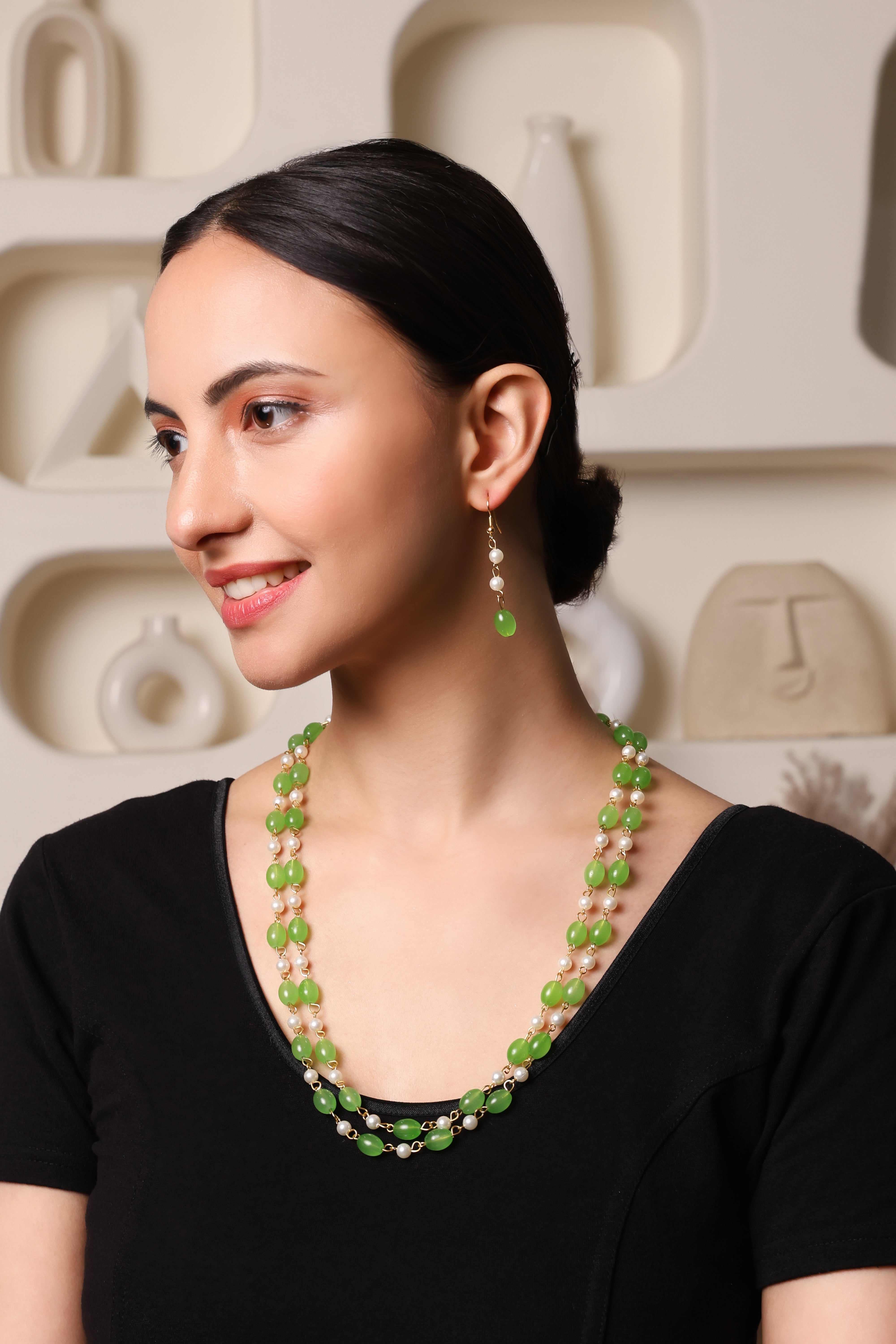 Mint Green & Pearl Two-Layer Beaded Necklace Set With Earrings