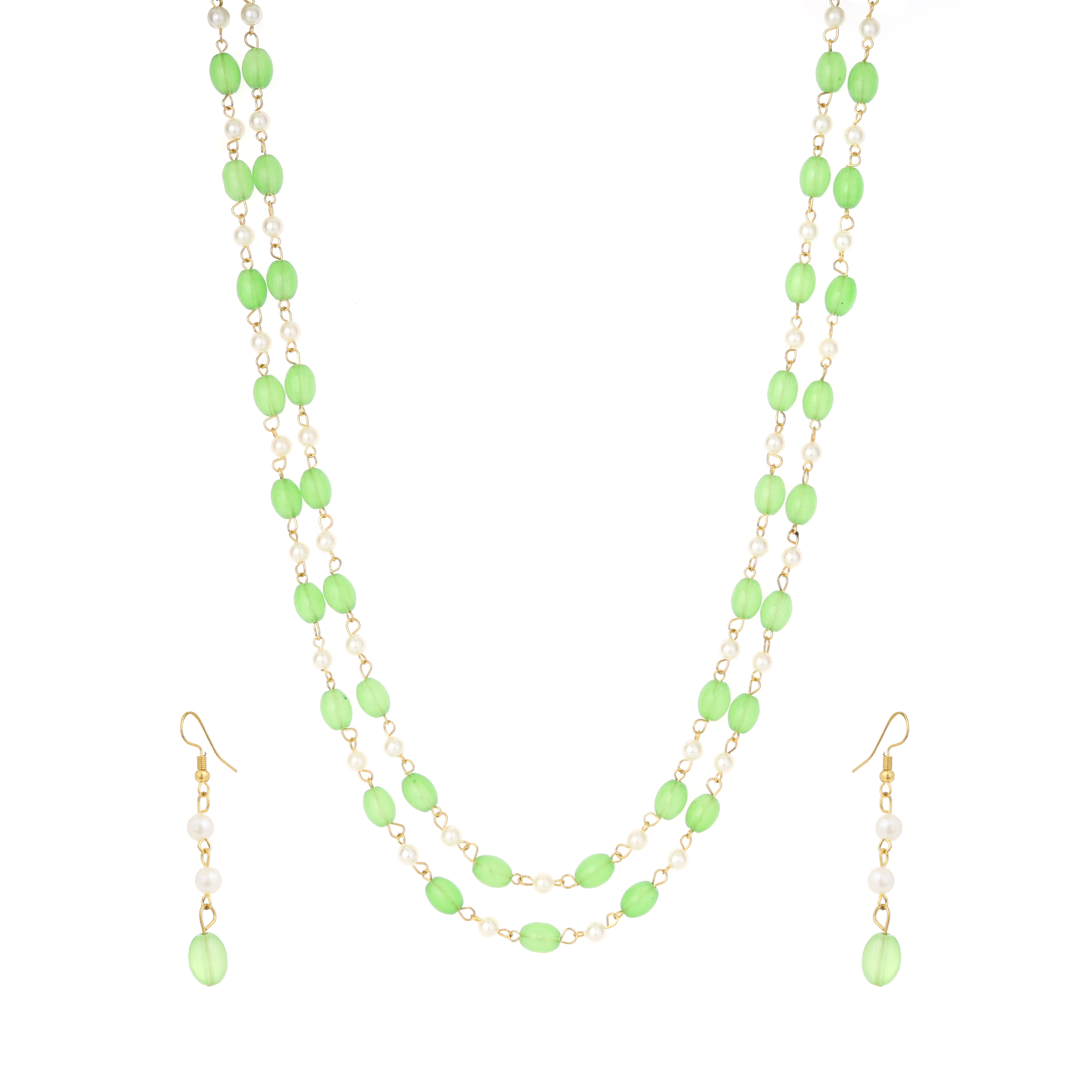 Mint Green & Pearl Two-Layer Beaded Necklace Set With Earrings