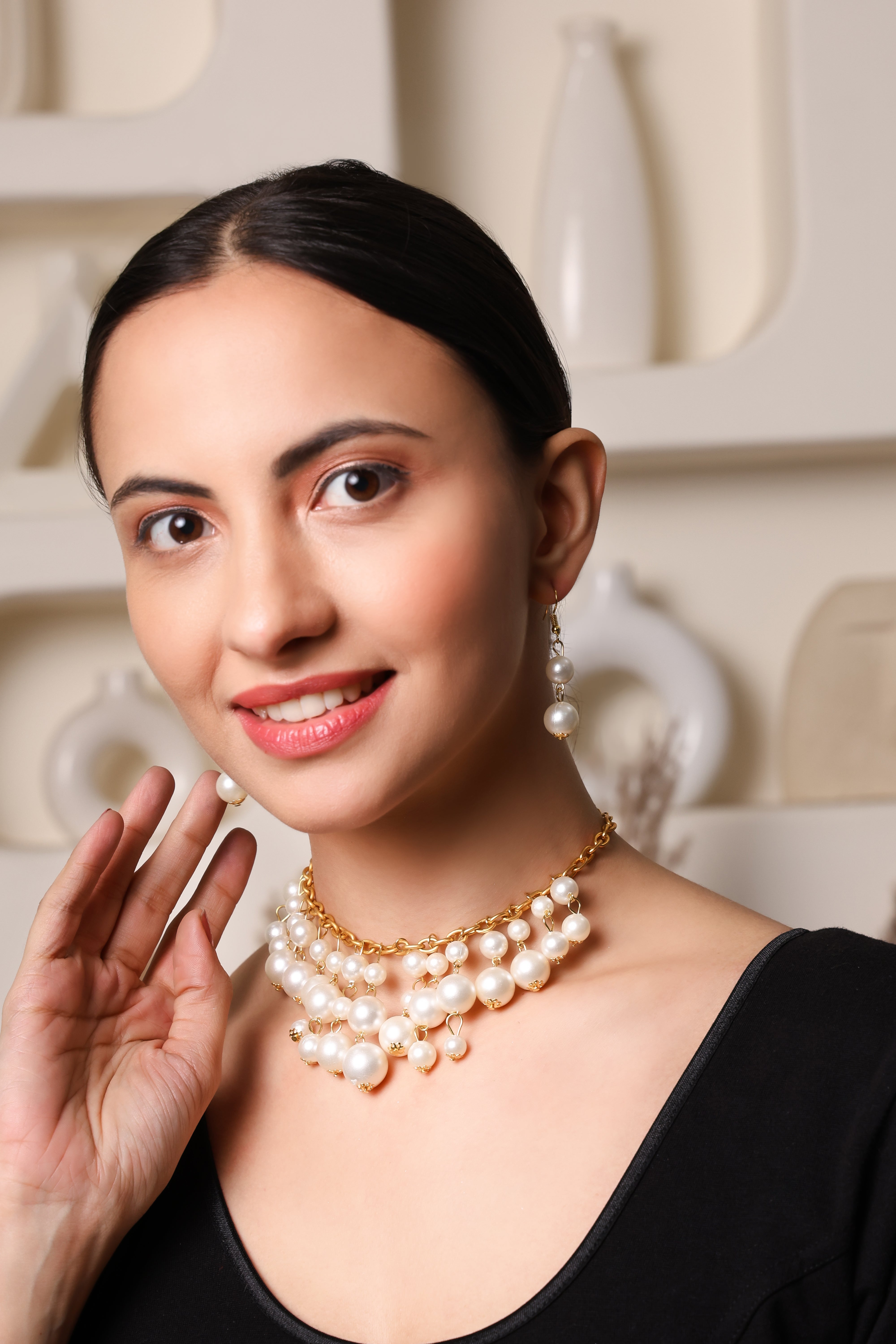 Golden Chain & Pearl Drop Necklace Set With Earrings