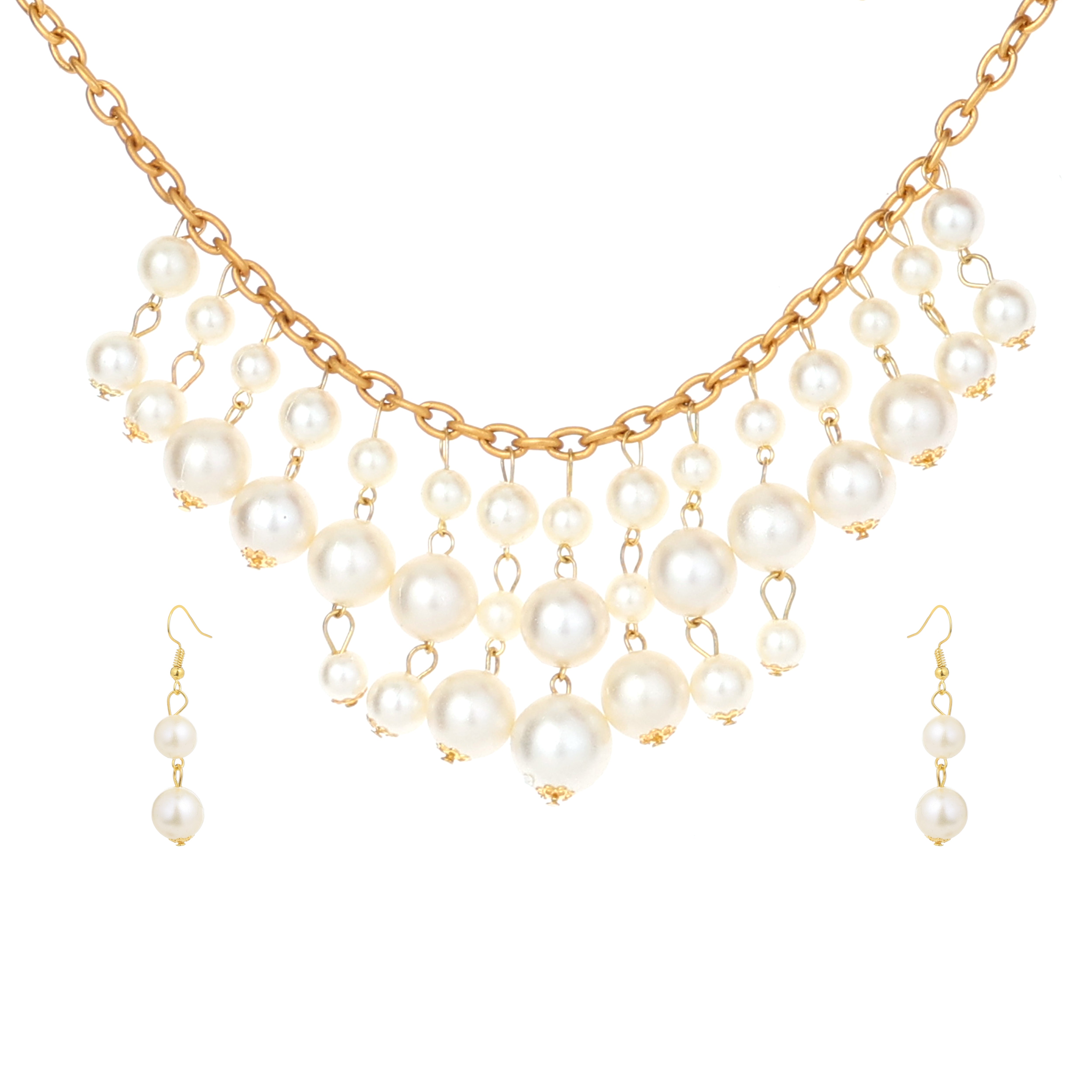 Golden Chain & Pearl Drop Necklace Set With Earrings