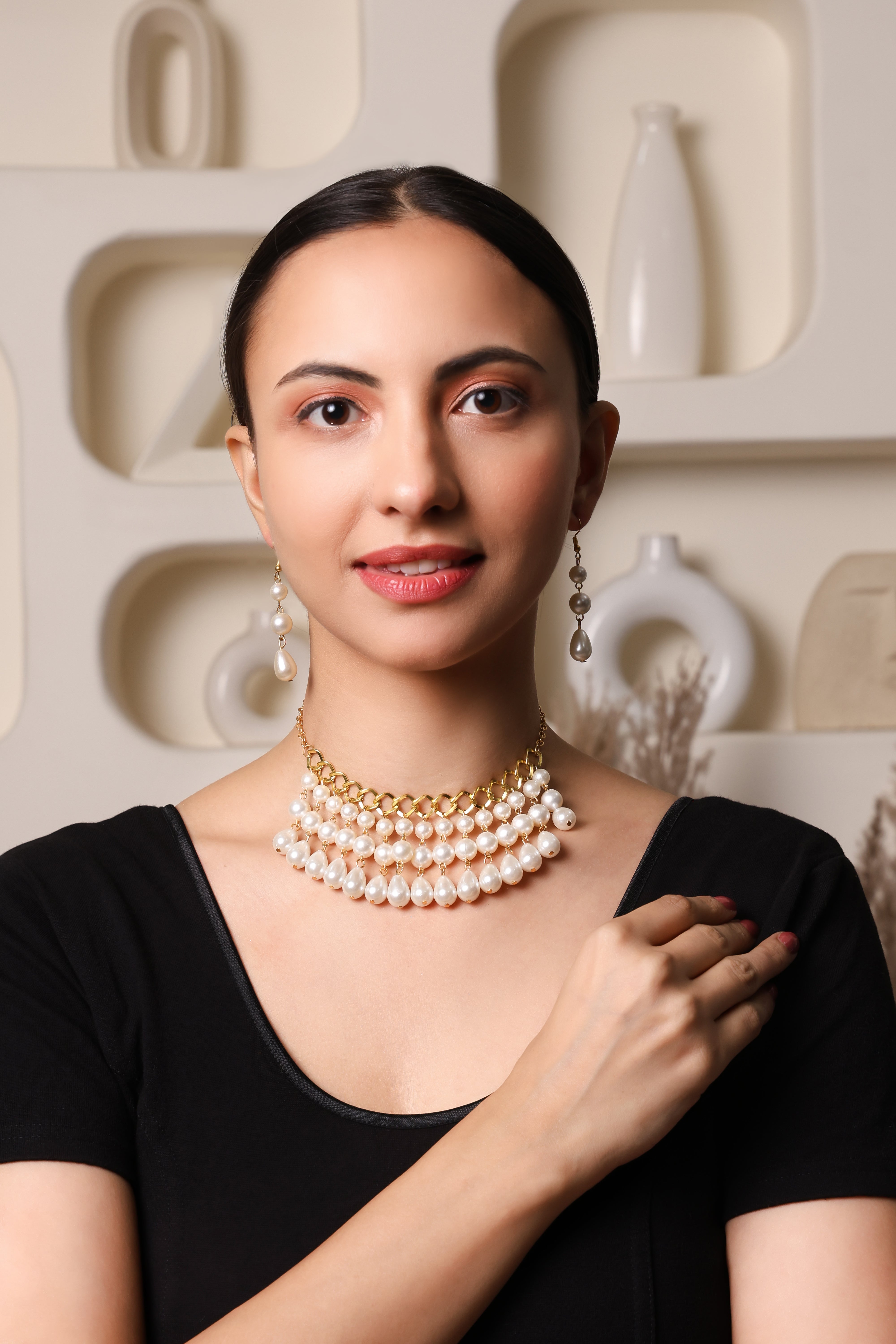 Gold & Pearl Multi-Strand Choker Set With Earrings
