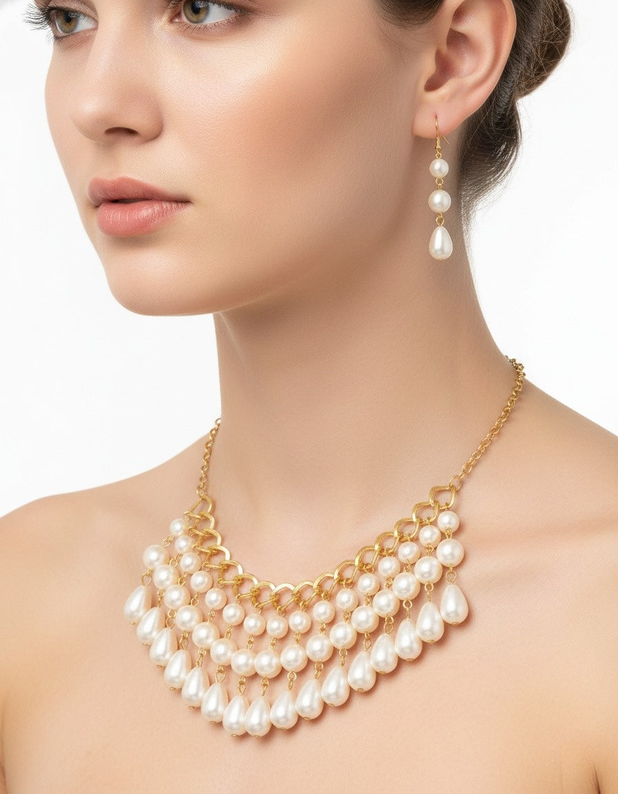 Gold & Pearl Multi-Strand Choker Set With Earrings