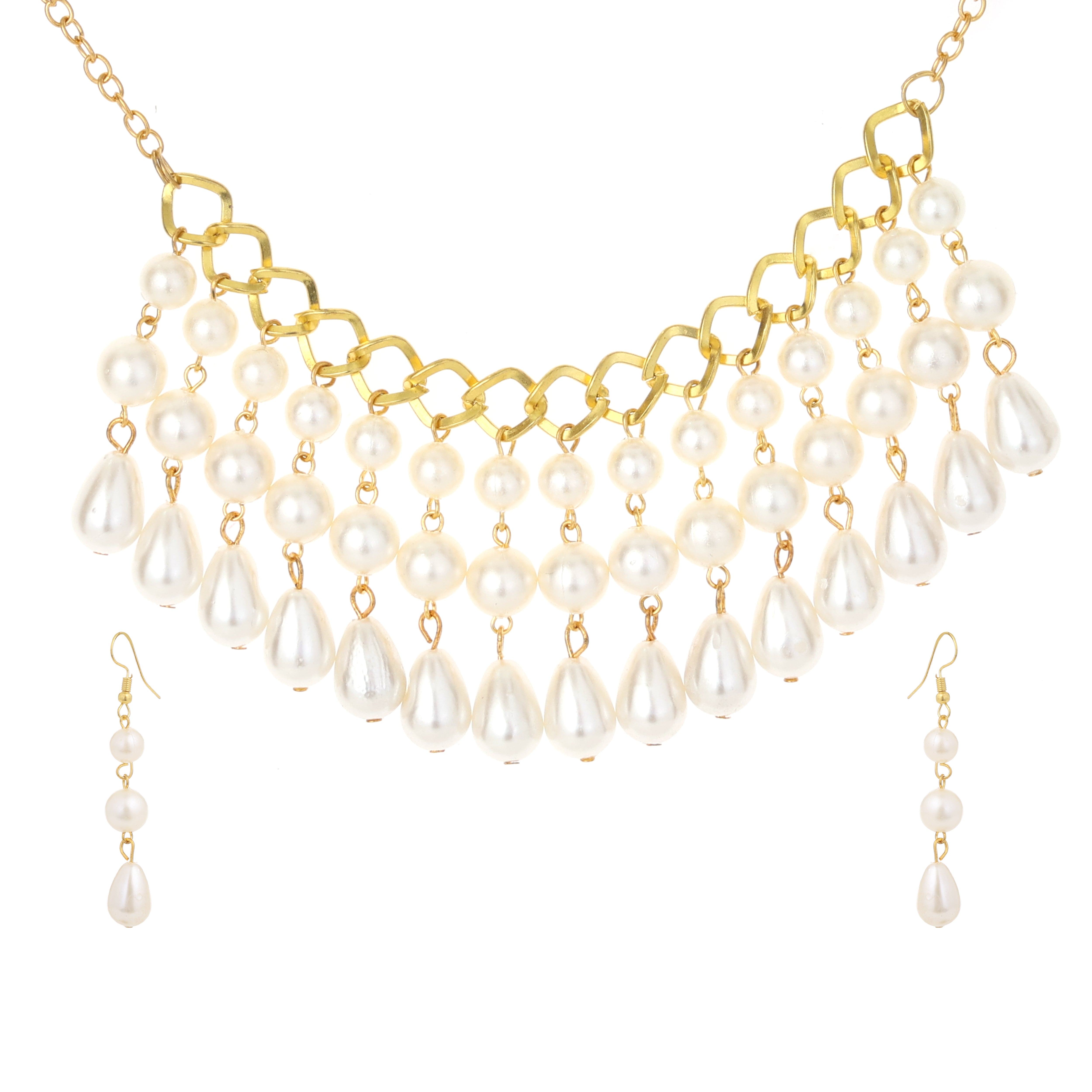 Gold & Pearl Multi-Strand Choker Set With Earrings