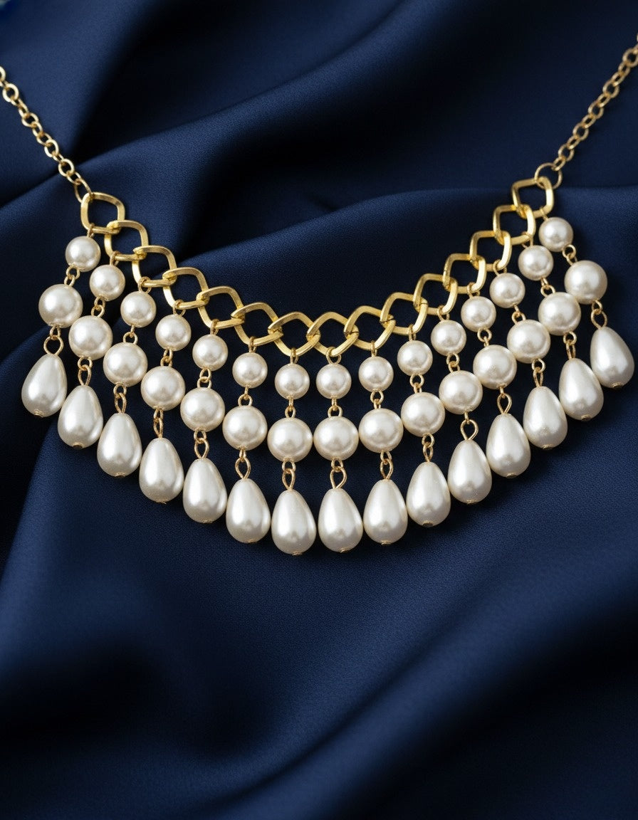 Gold & Pearl Multi-Strand Choker Set With Earrings