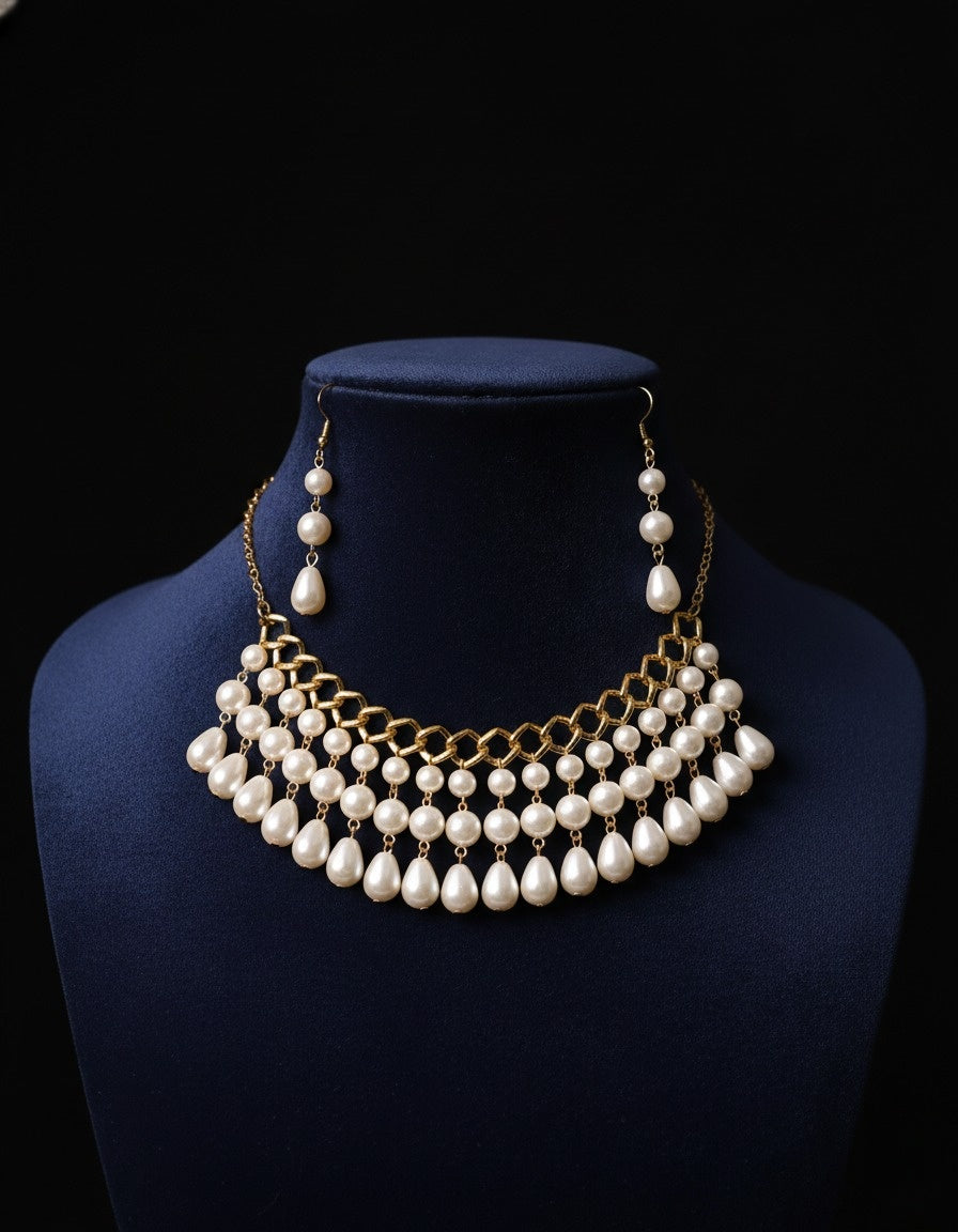 Gold & Pearl Multi-Strand Choker Set With Earrings