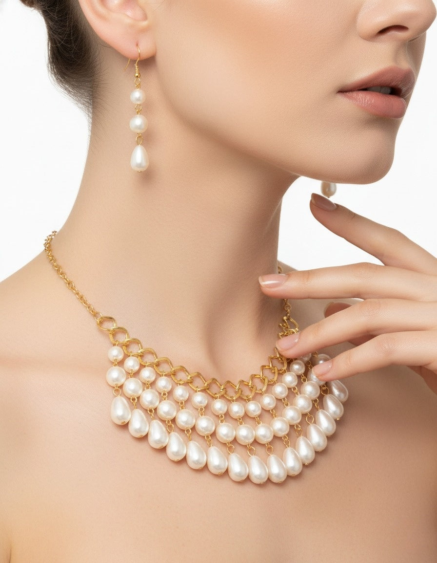 Gold & Pearl Multi-Strand Choker Set With Earrings