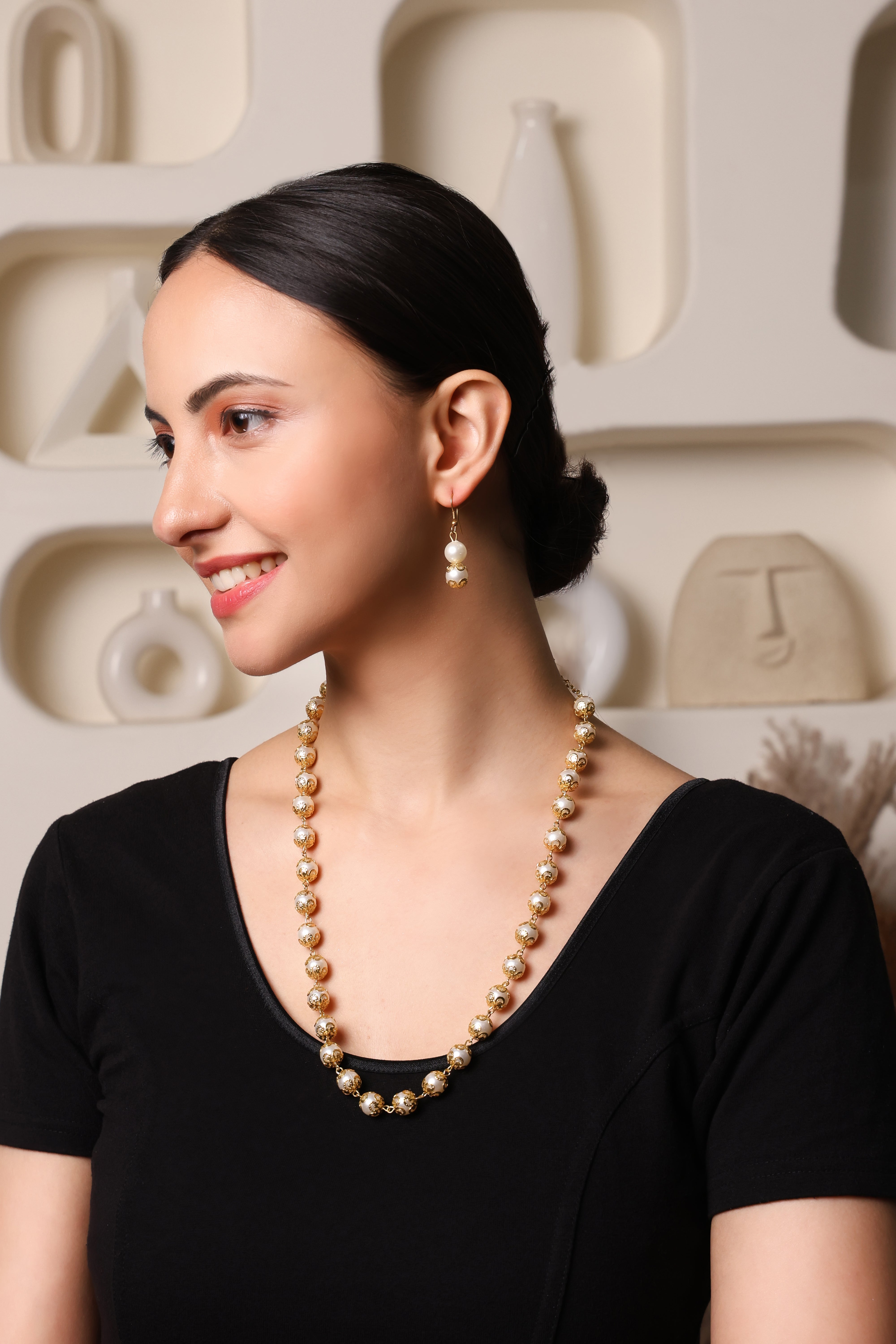 Golden Beaded & Pearl Long Necklace Set With Earrings