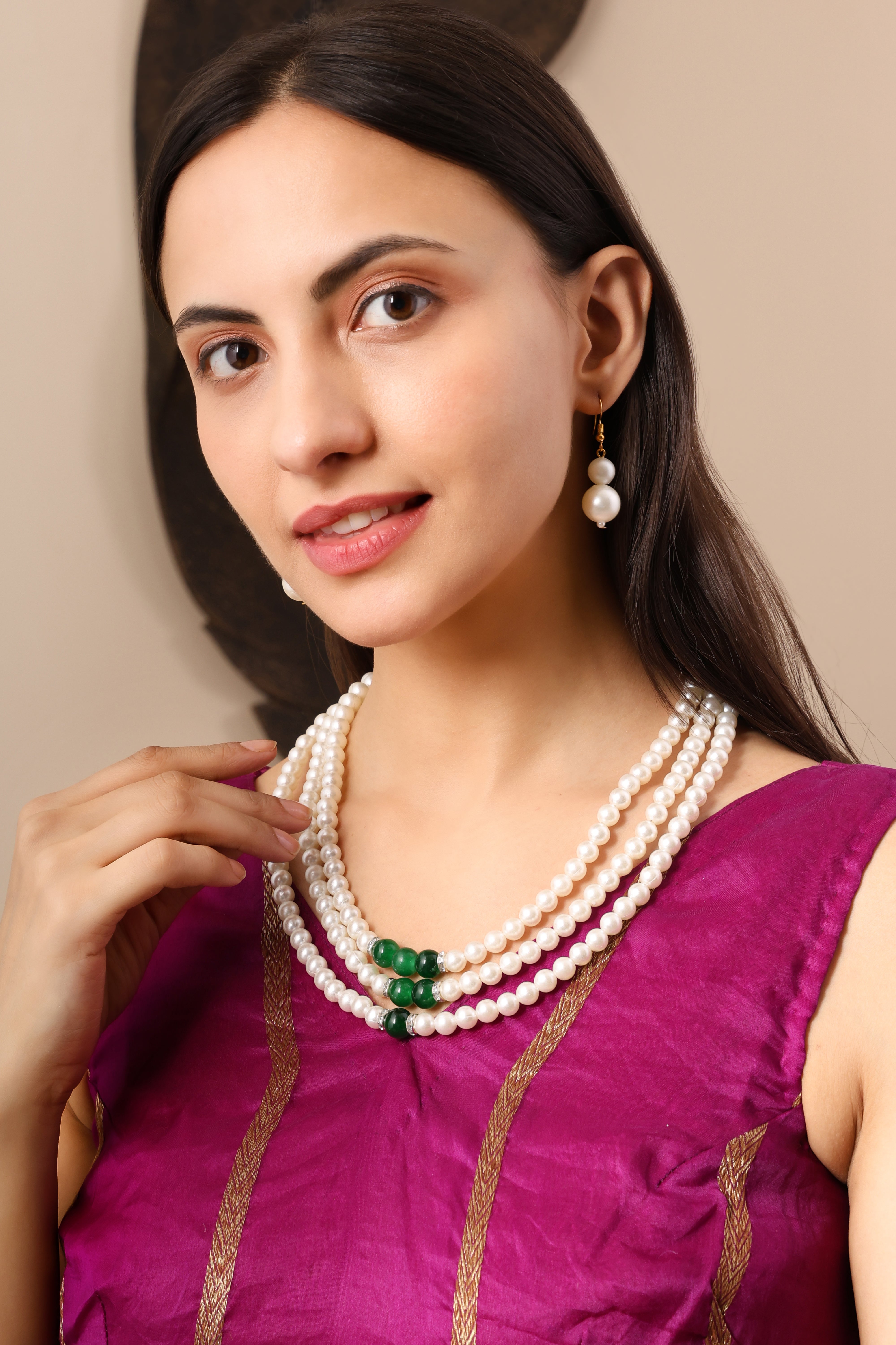 Triple-Strand Pearl and Green Bead Necklace Set With Earrings