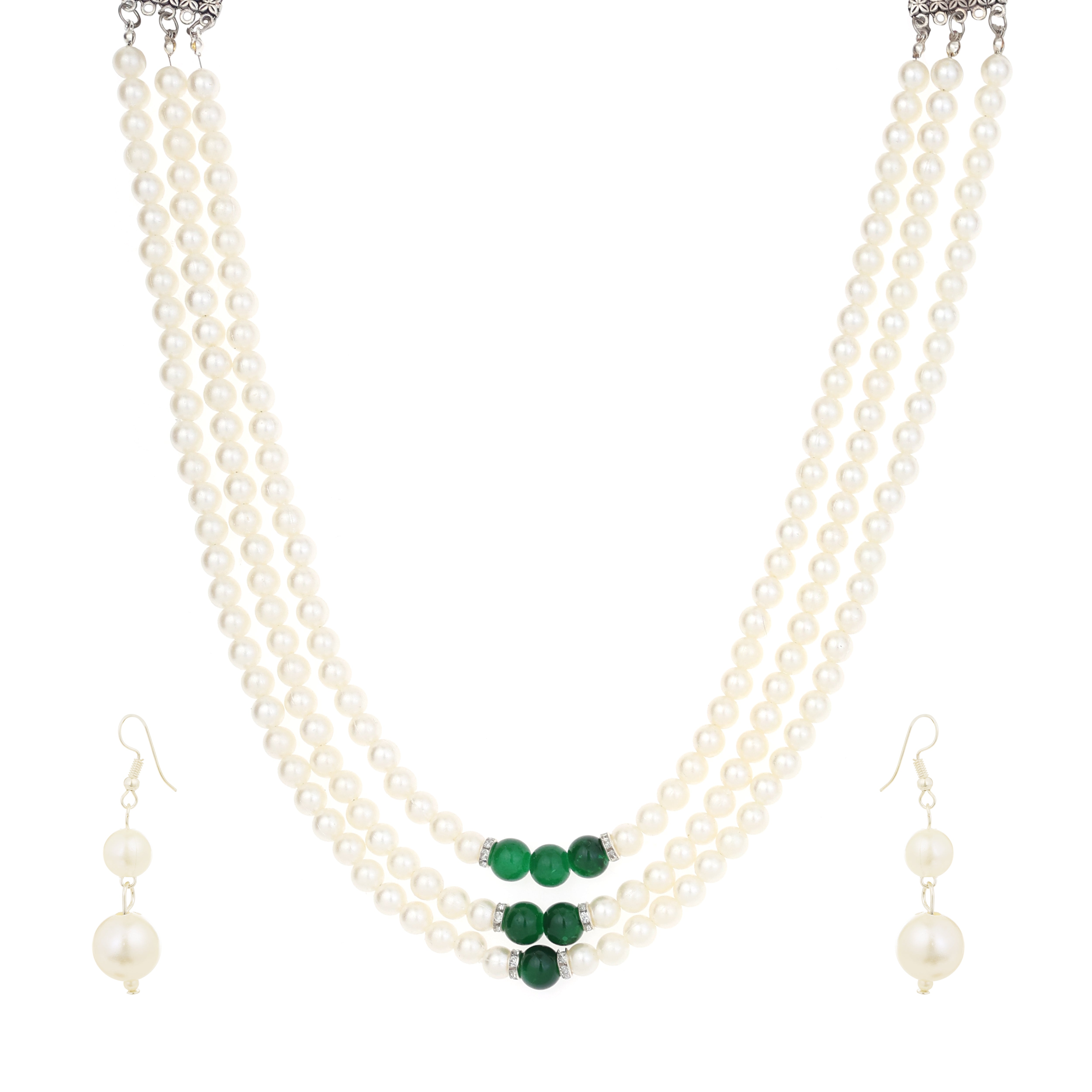 Triple-Strand Pearl and Green Bead Necklace Set With Earrings