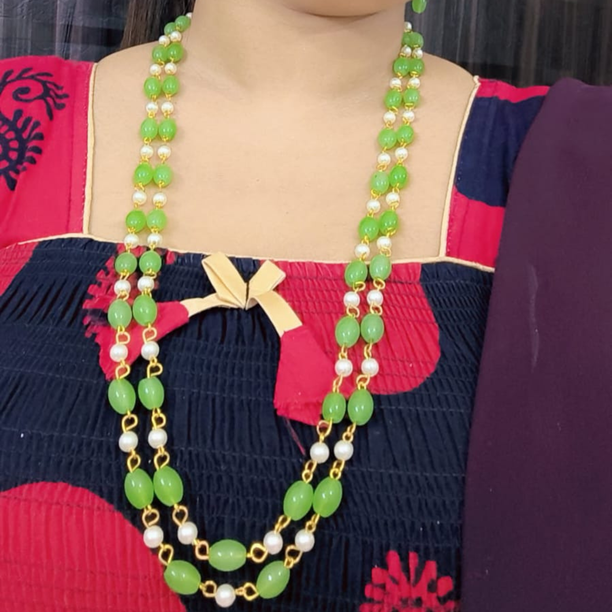Mint Green & Pearl Two-Layer Beaded Necklace Set With Earrings