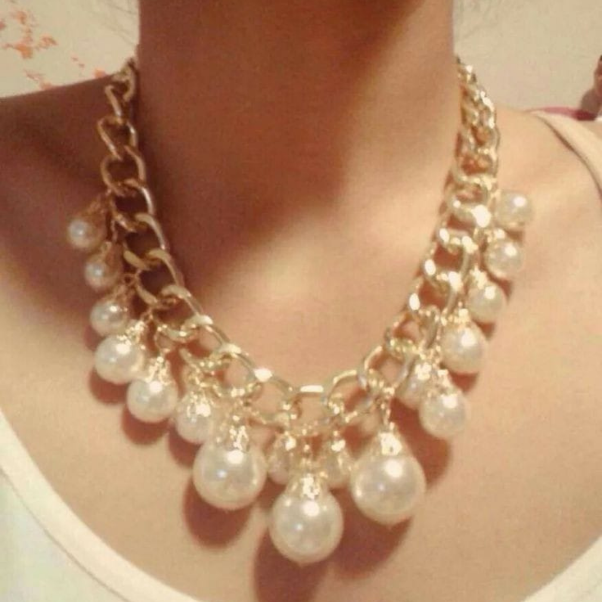 Pearl Drop Choker with Gold-Toned Chain and Earrings