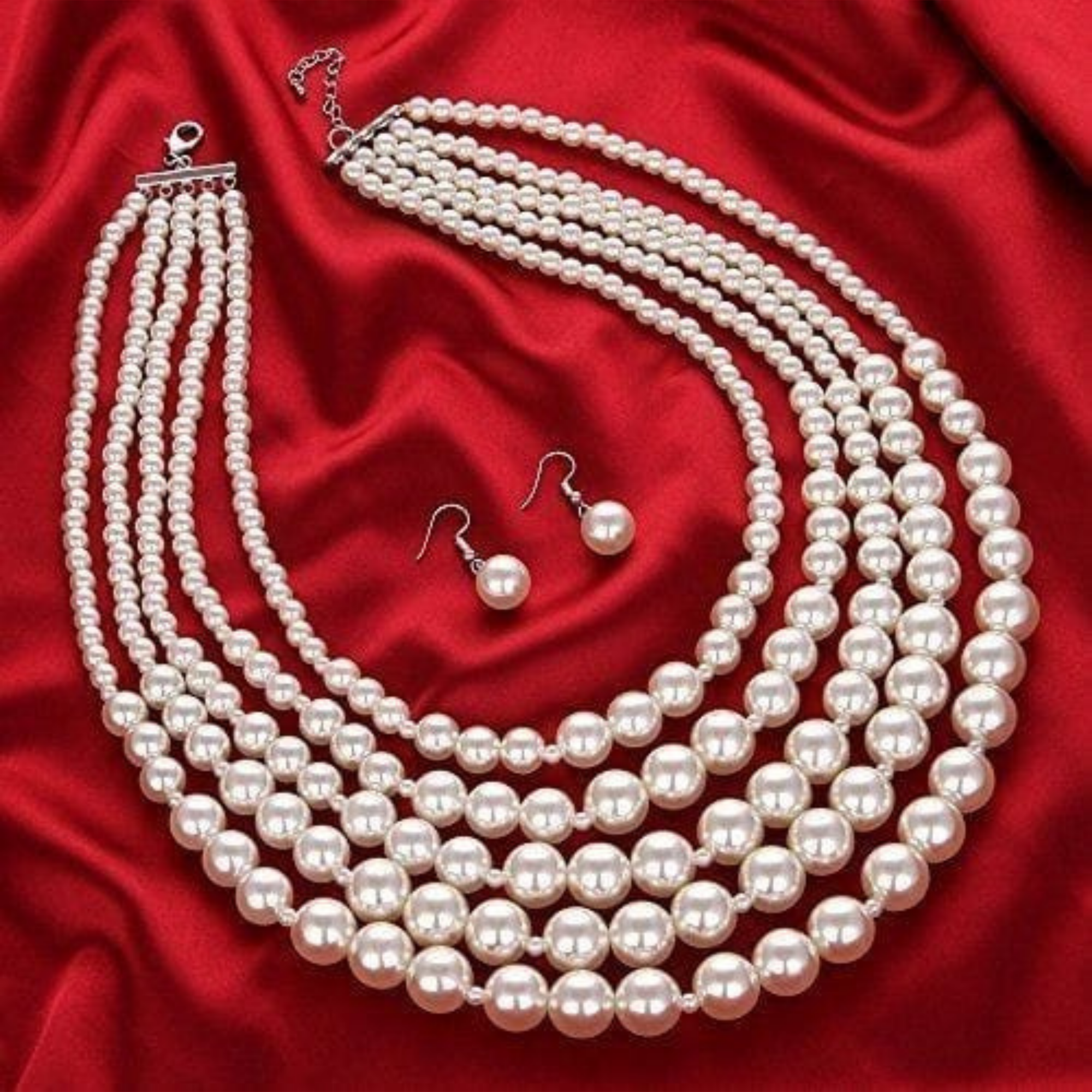 Multi-Strand Graduating Pearl Necklace Set With Earrings