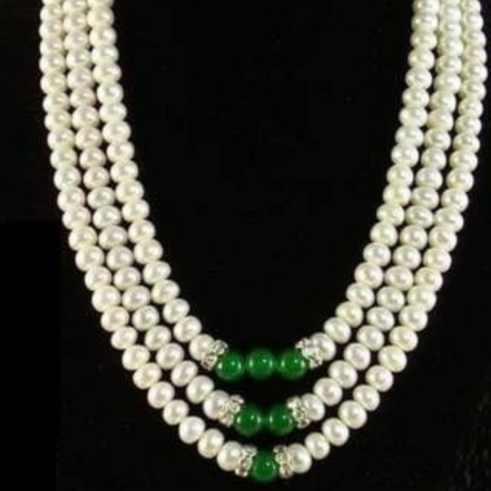 Triple-Strand Pearl and Green Bead Necklace Set With Earrings