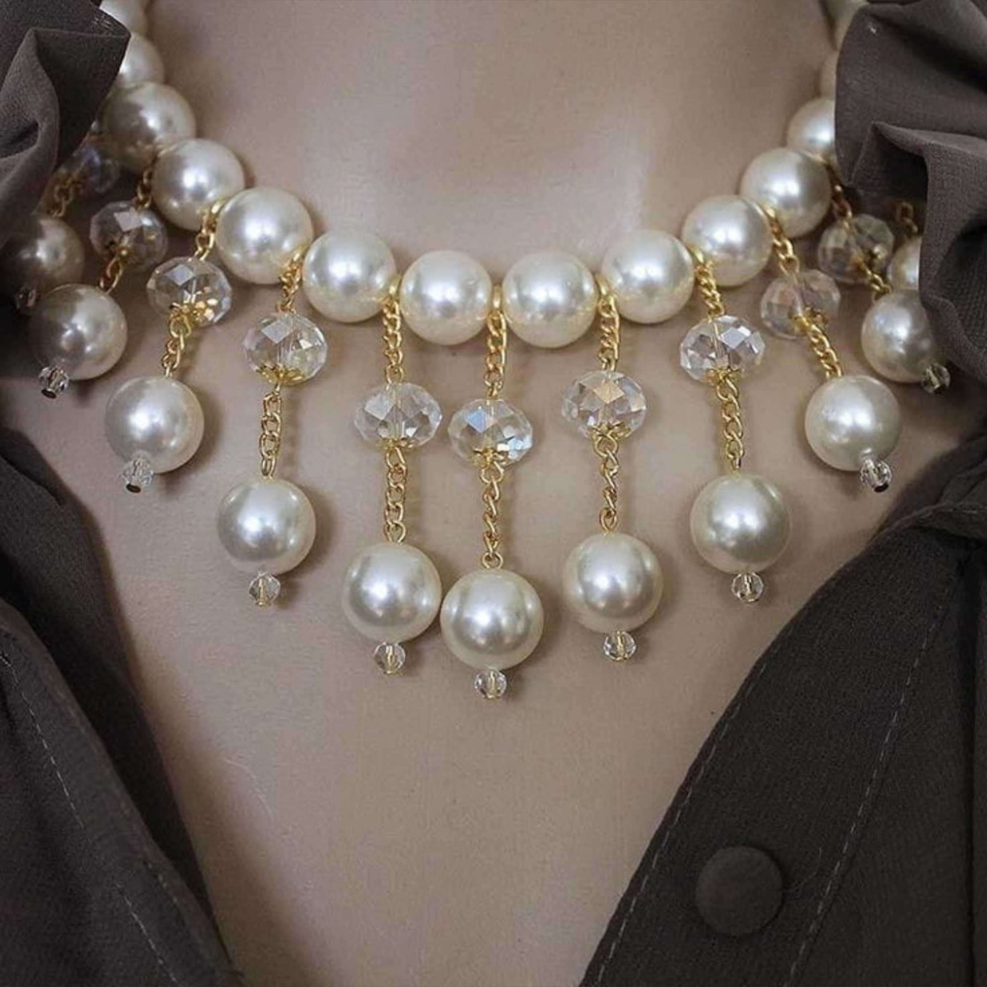Tiered Pearl and Crystal Drop Necklace Set With Earrings