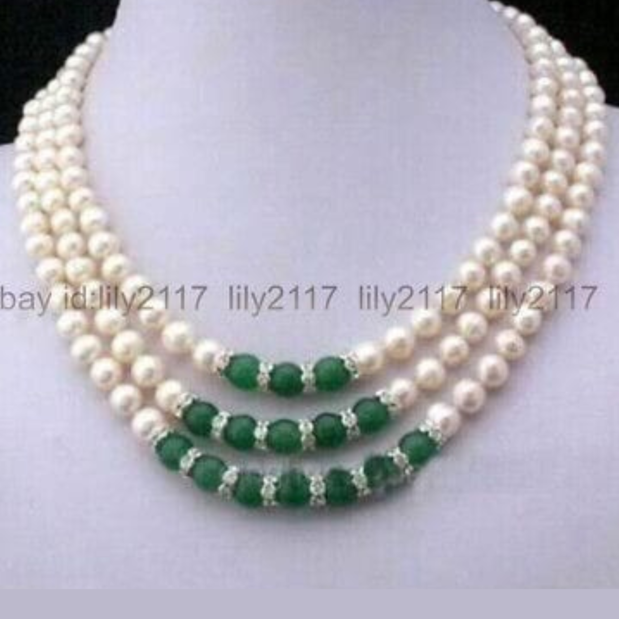 Triple-Strand Pearl and Emerald Bead Necklace Set With Earrings