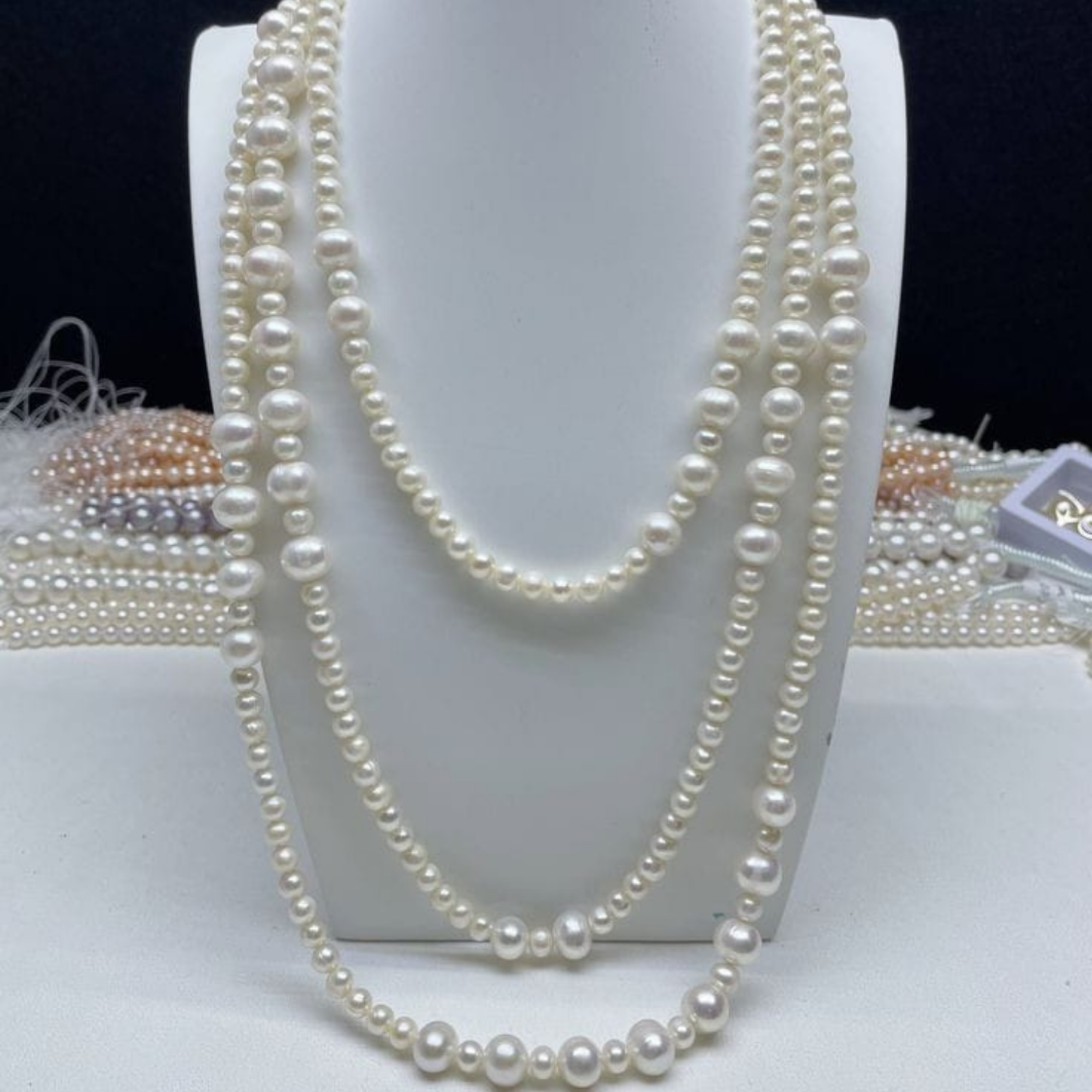 Long Triple-Layer Pearl Necklace Set With Earrings