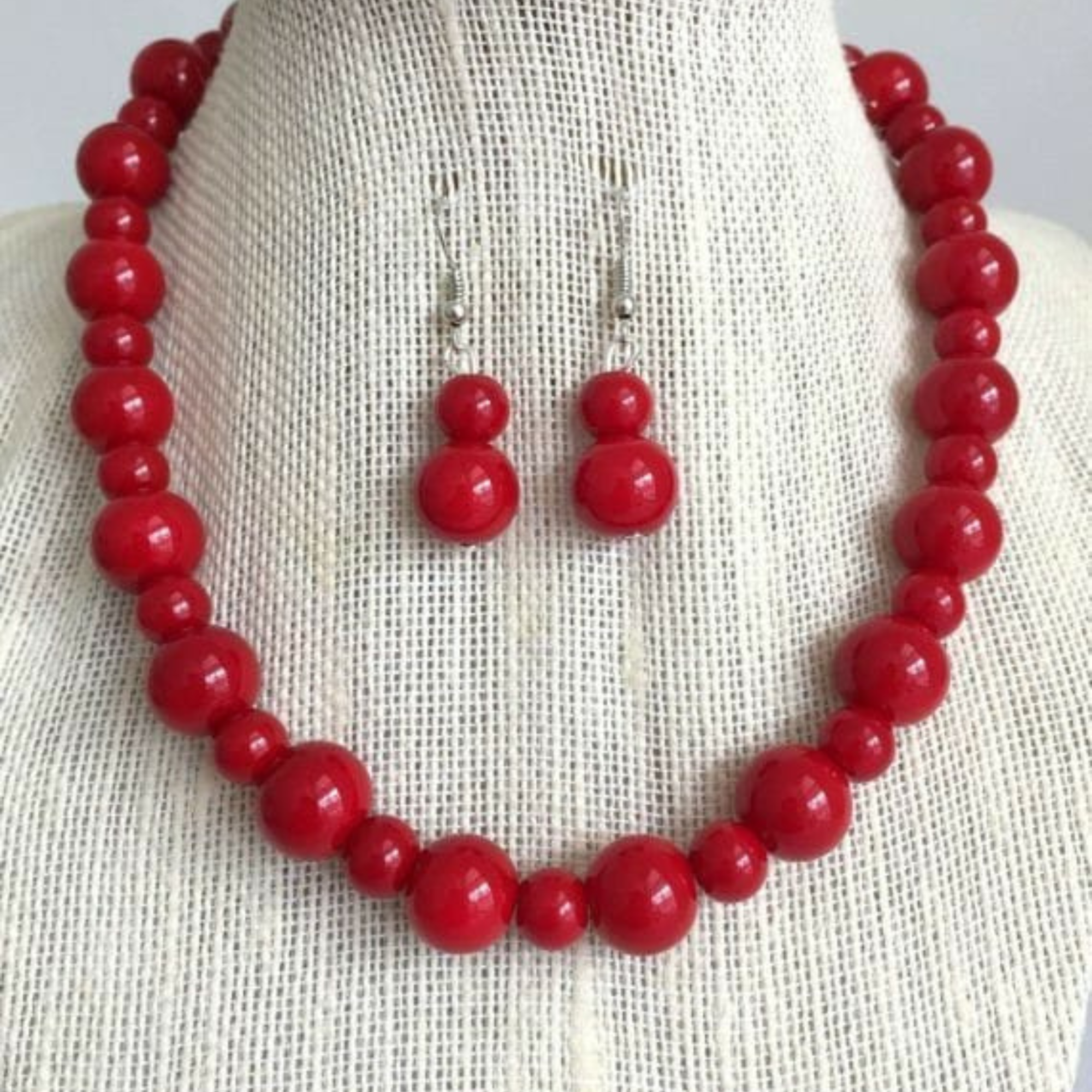 Ruby Red Beaded Necklace Set With Earrings