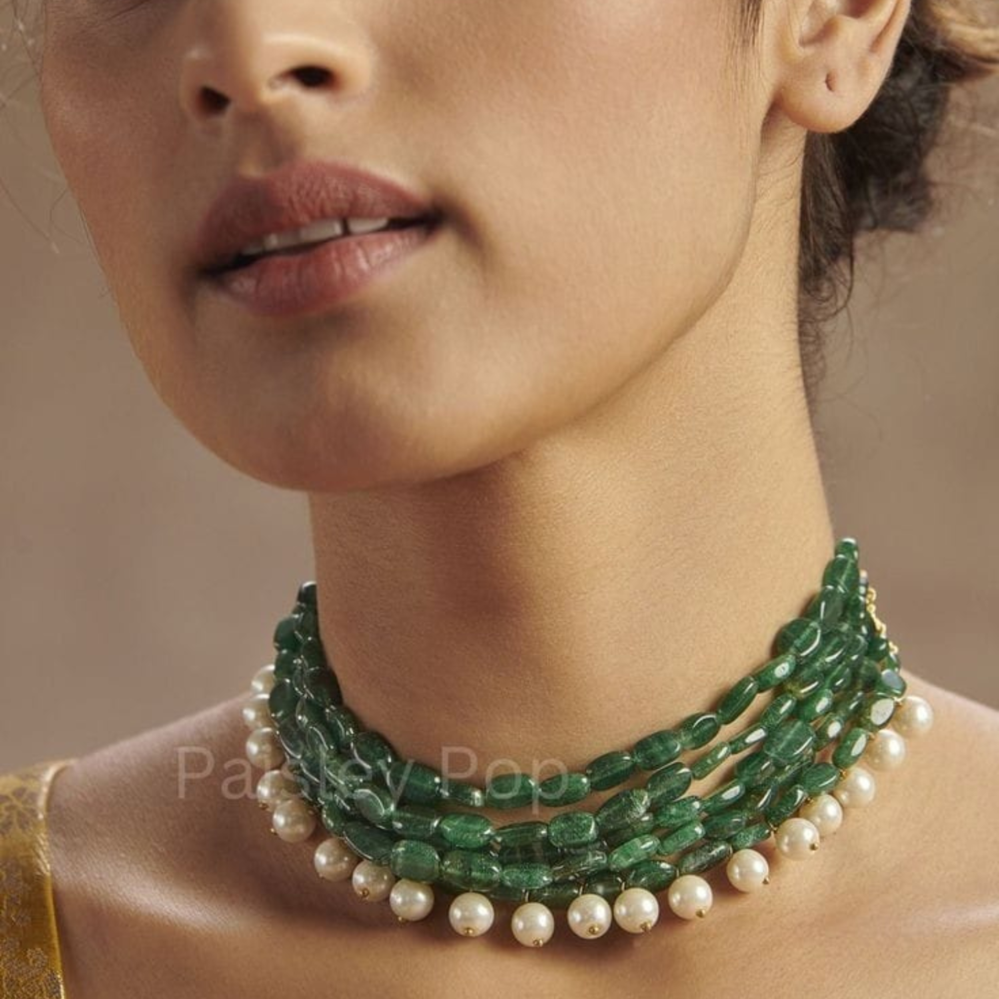 Emerald & Pearl Cascade Necklace Set With Earrings